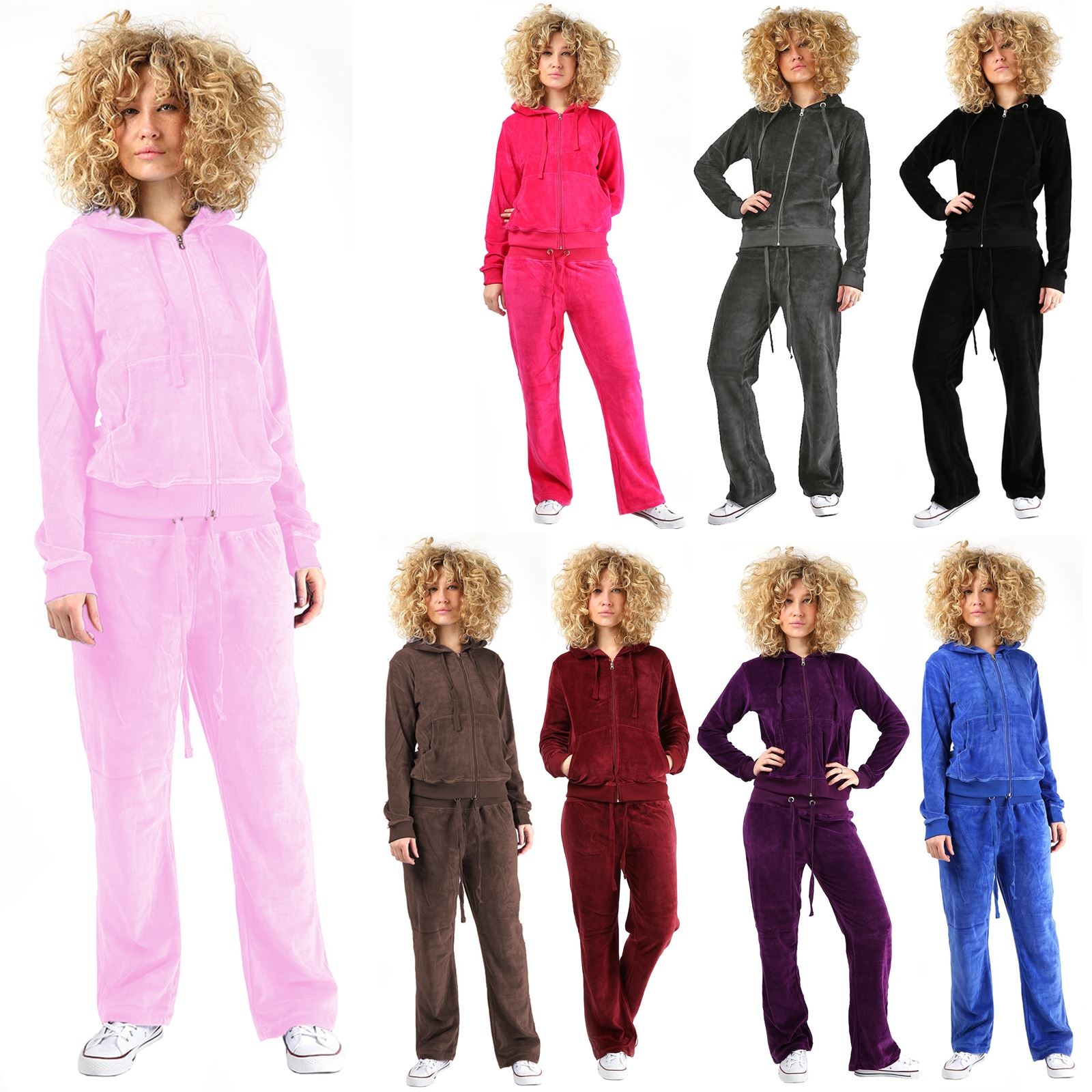 WOMEN VELVET VELOUR PLAIN 2 PC JOGGING TOP LOUNGE WEAR TRACKSUIT SET TOP BOTTOM