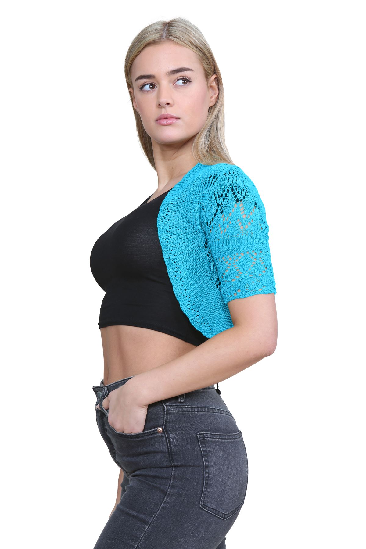 Womens Crochet Knitted Bolero Shrug Short Sleeve Open Front Cardigan Crop Top - Picture 164 of 186