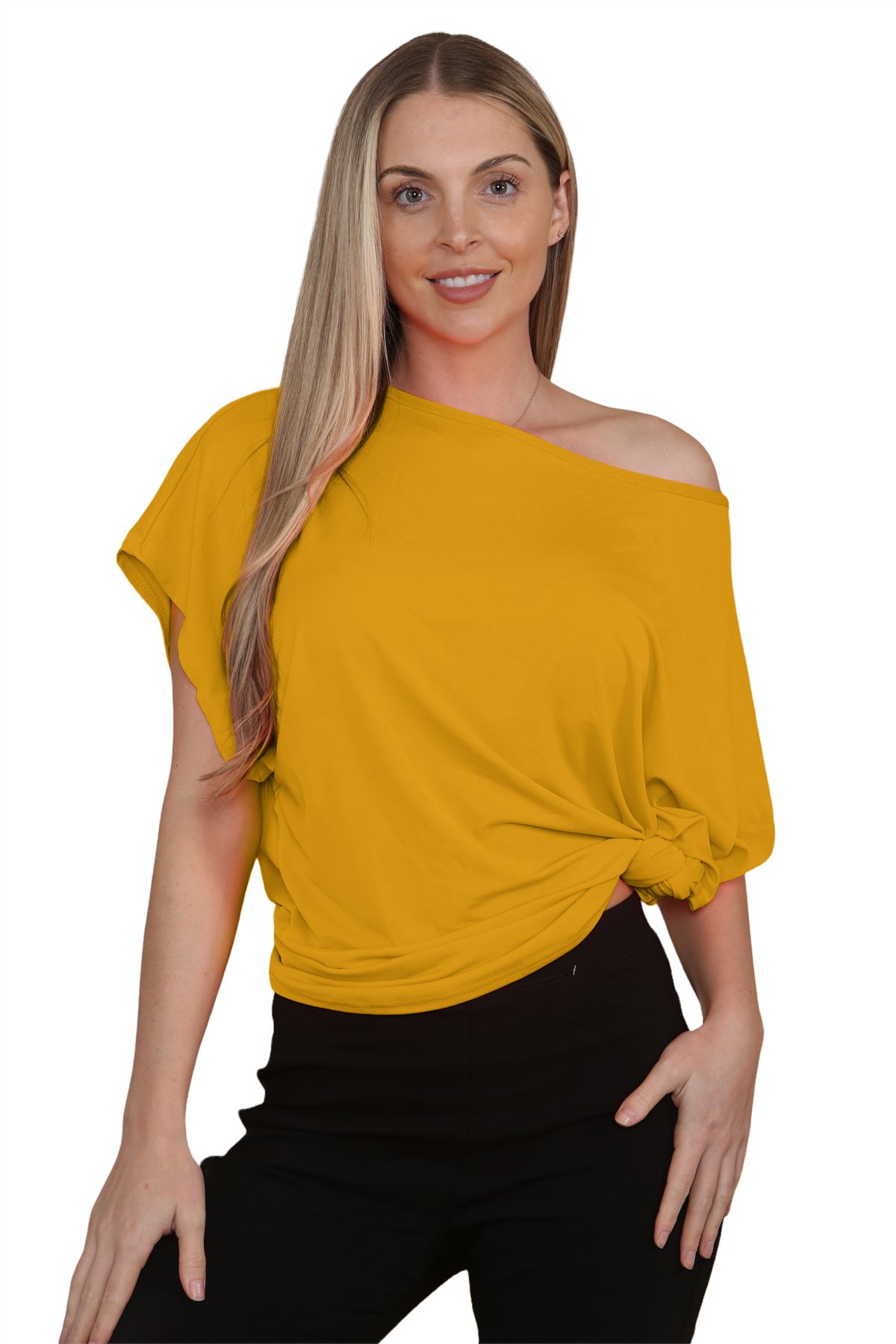 Womens Oversized T Shirt Top Short Sleeve Tie Knot Bardot Off Shoulder Crop Top - Picture 10 of 65