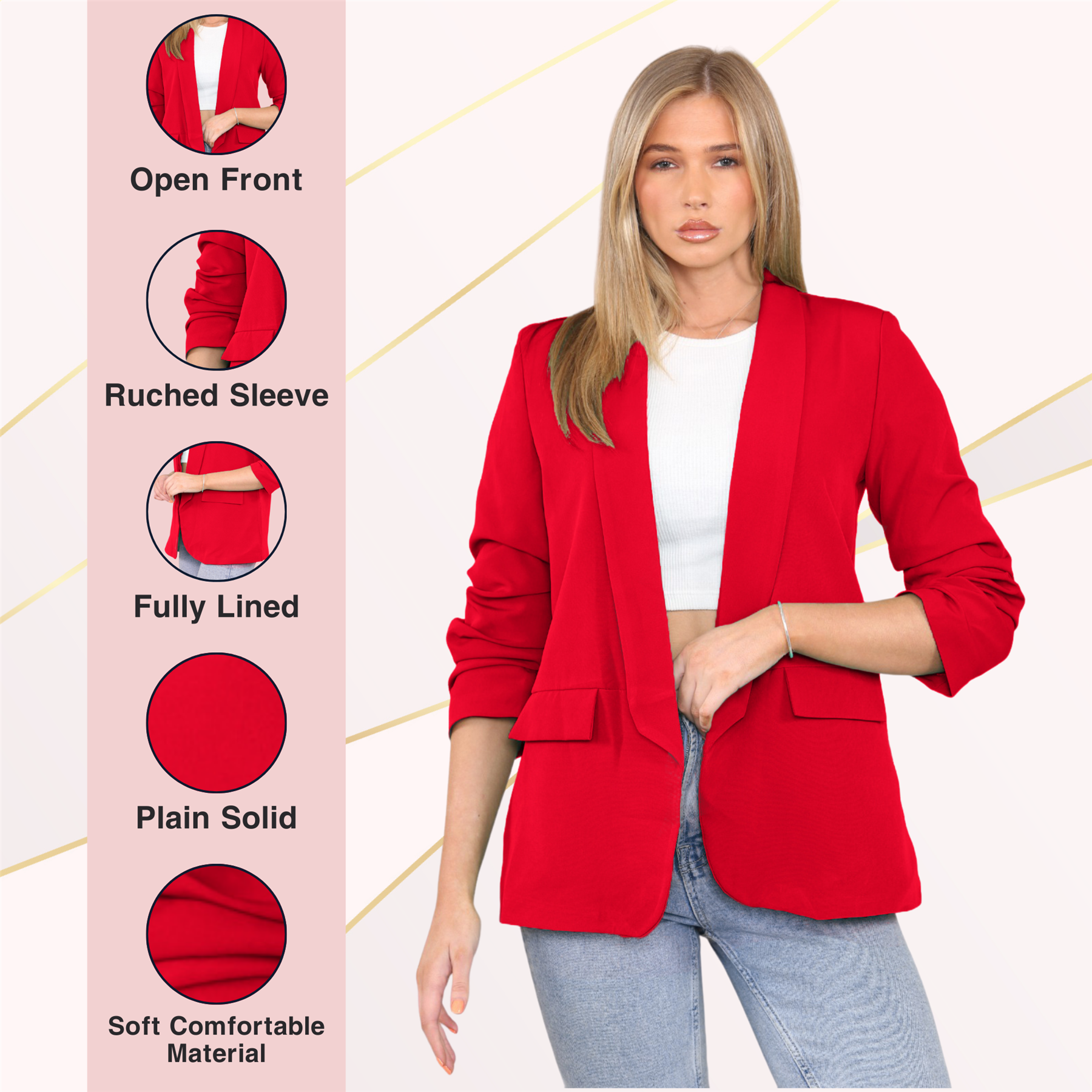 Blazer de manga acanalada para damas totalmente forrado cuello liso informal chaqueta de oficina top - Imagen 63 de 97