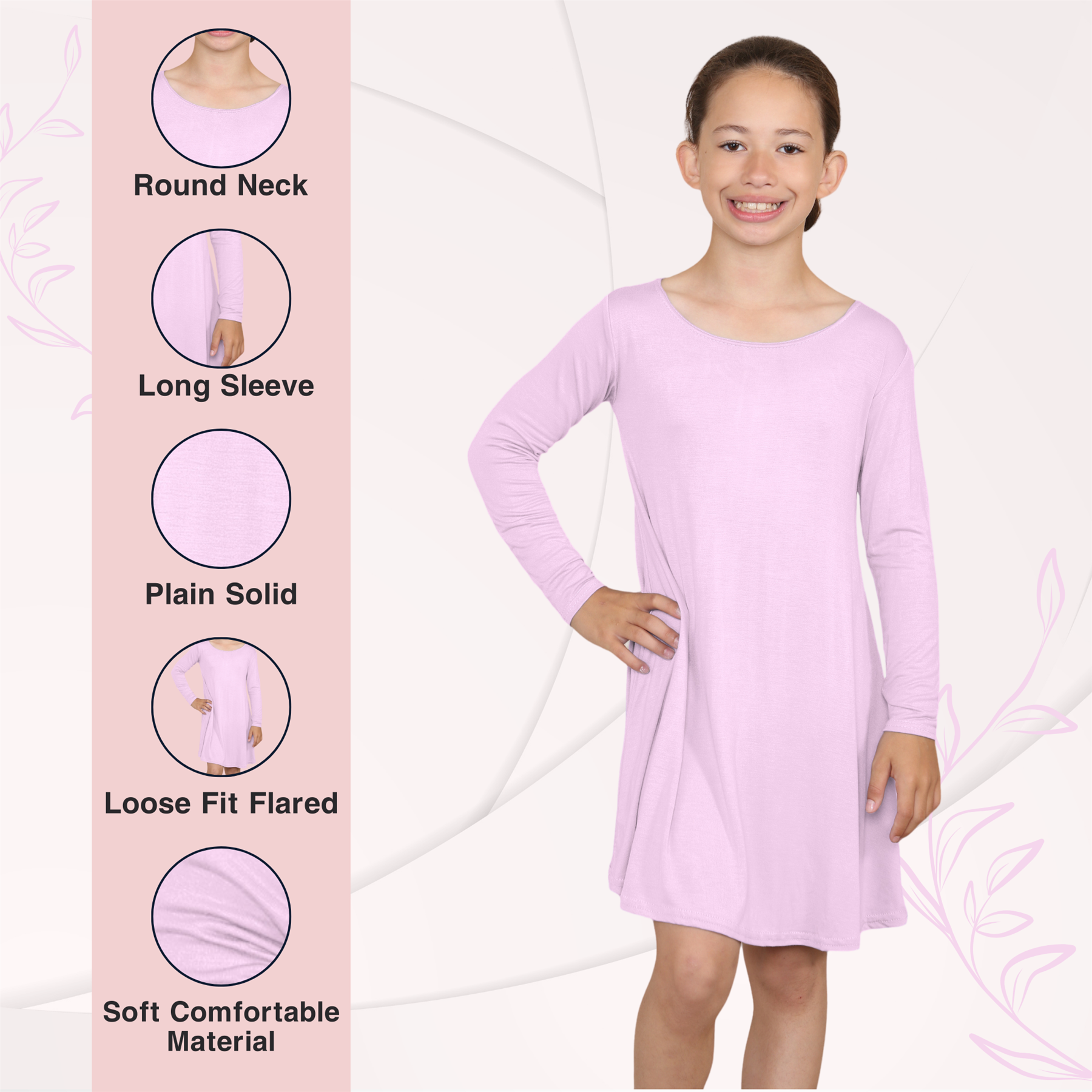 Girls Swing Dress Long Sleeve Plain Kids Round Neck Casual Summer Flared Dresses - Picture 5 of 134