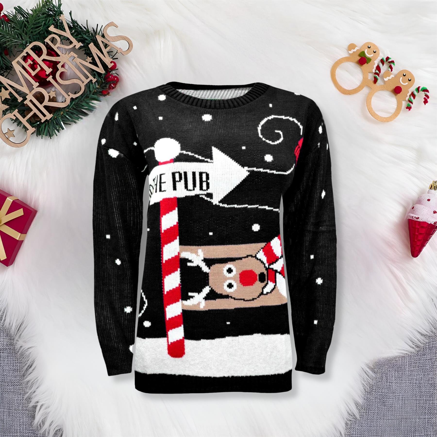 Christmas Reindeer Jumper Womens Knitted Funny Xmas Sweater Unisex Retro Jumpers - Picture 89 of 128