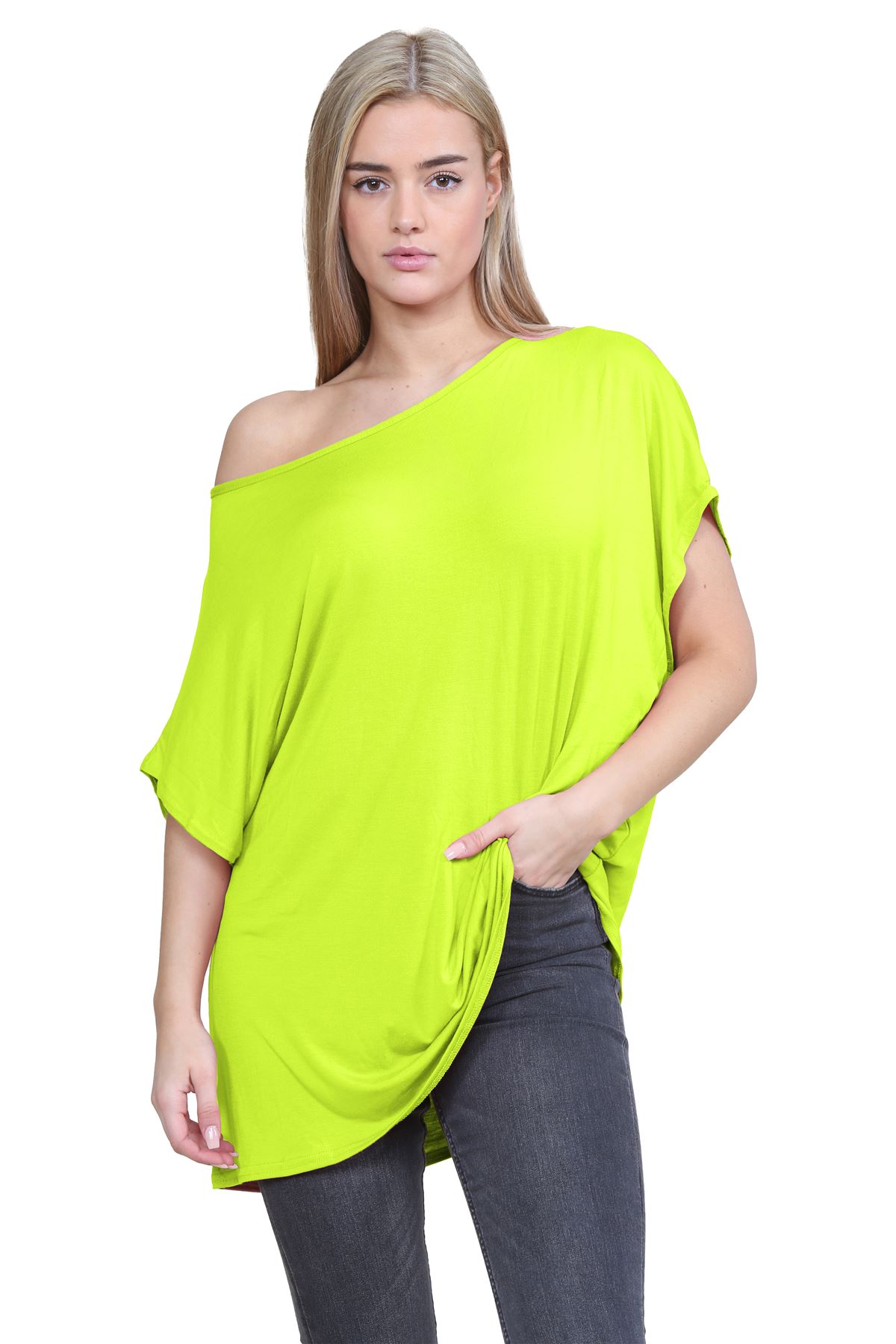 Schulterfreies Damen-T-Shirt Oberteil Fledermausärmel Oversize uni Freizeit Bardot Oberteil - Bild 124 von 225