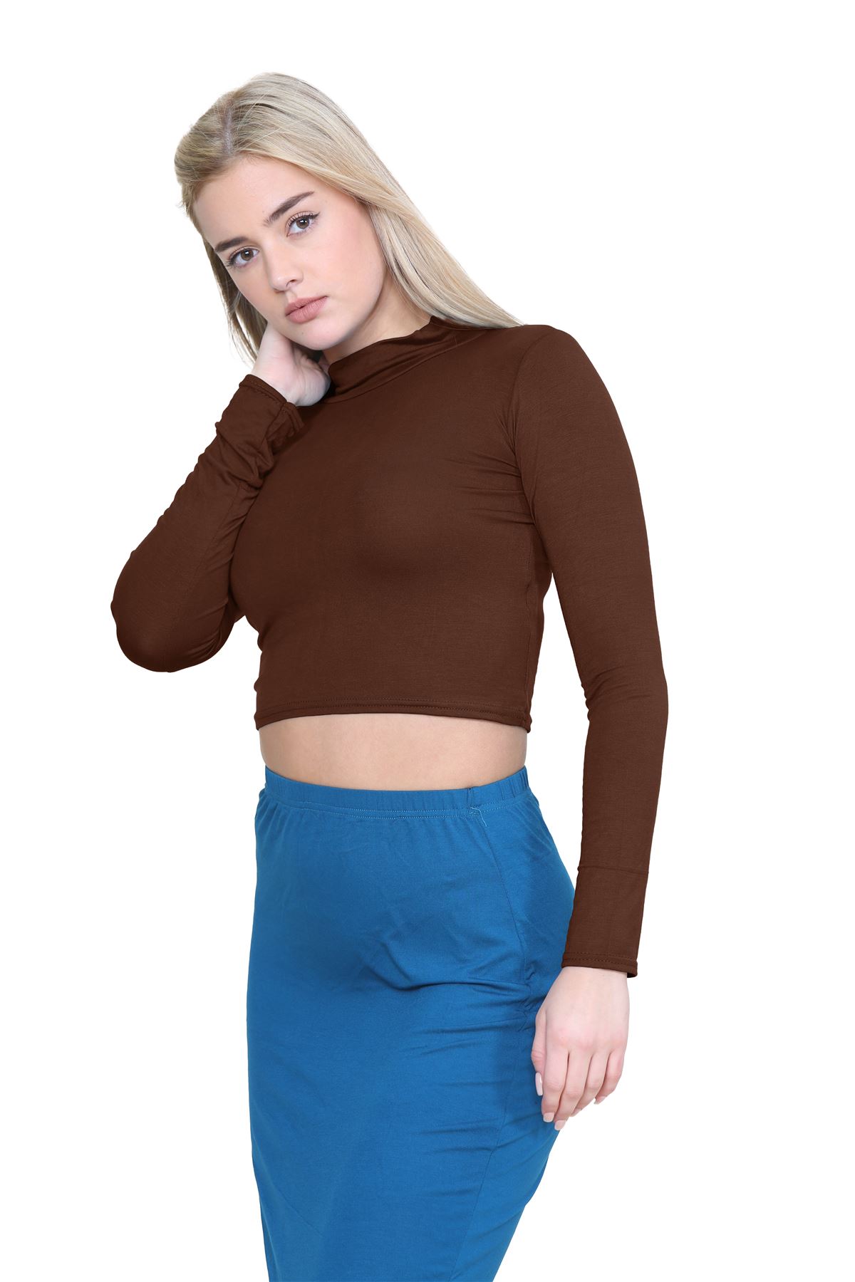 Turtle Neck Crop Top Womens Plain Long Sleeve Stretchy Basic Polo Neck T-Shirt - Picture 17 of 129