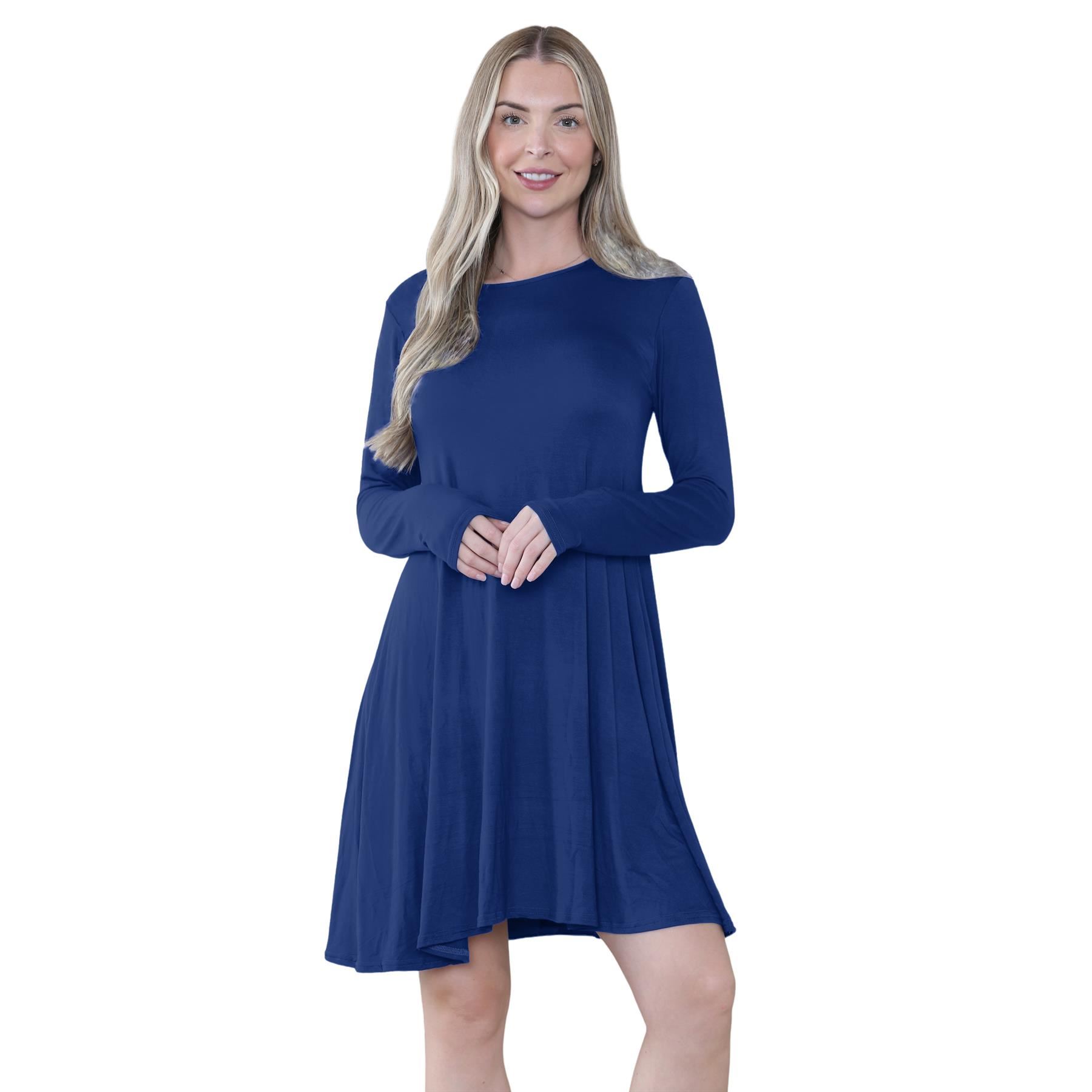 Damen Swing Kleid Uni Langarm Freizeit Ausgestellt A Linie Mini Oberteil Übergröße - Bild 59 von 100