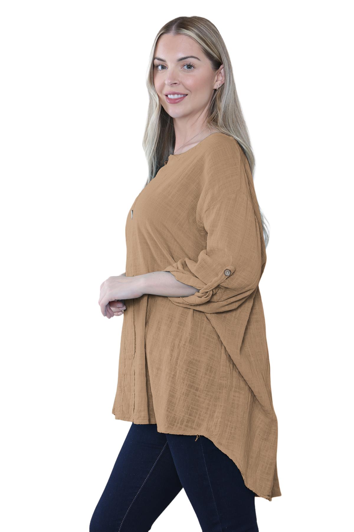 Camiseta informal lisa de lino y algodón con un botón de manga giratoria italiana para dama - Imagen 9 de 63