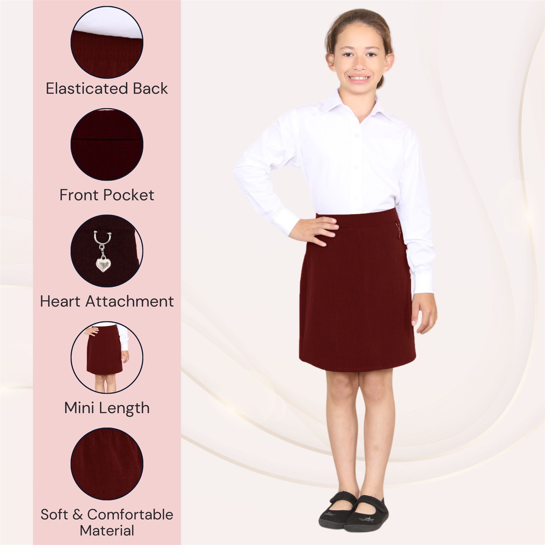 Girls Lycra School Skirt Heart Attachment Front Pocket Elasticated Back Uniform - Picture 12 of 29