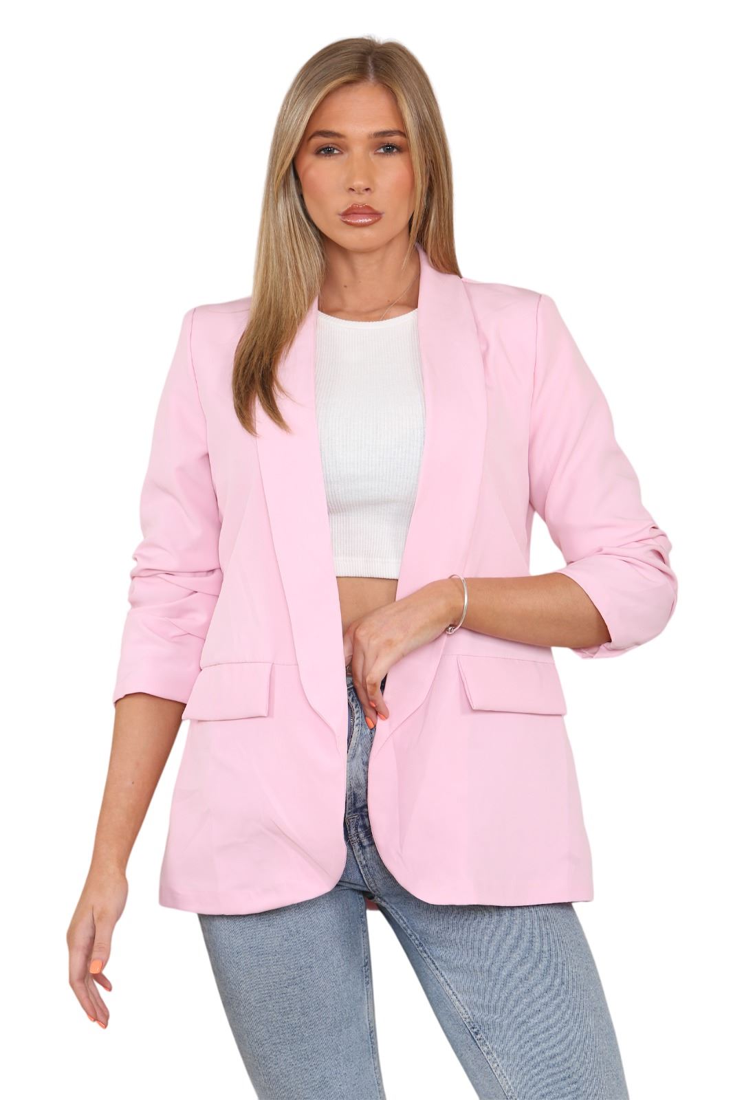 Blazer de manga acanalada para damas totalmente forrado cuello liso informal chaqueta de oficina top - Imagen 2 de 97