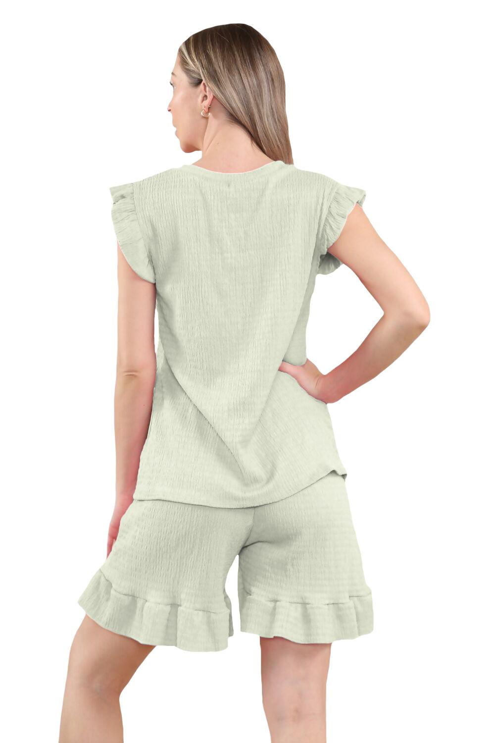 Conjunto corto de 2 piezas italiano para mujer conjunto de ropa de salón de verano con volantes sin mangas - Imagen 52 de 61