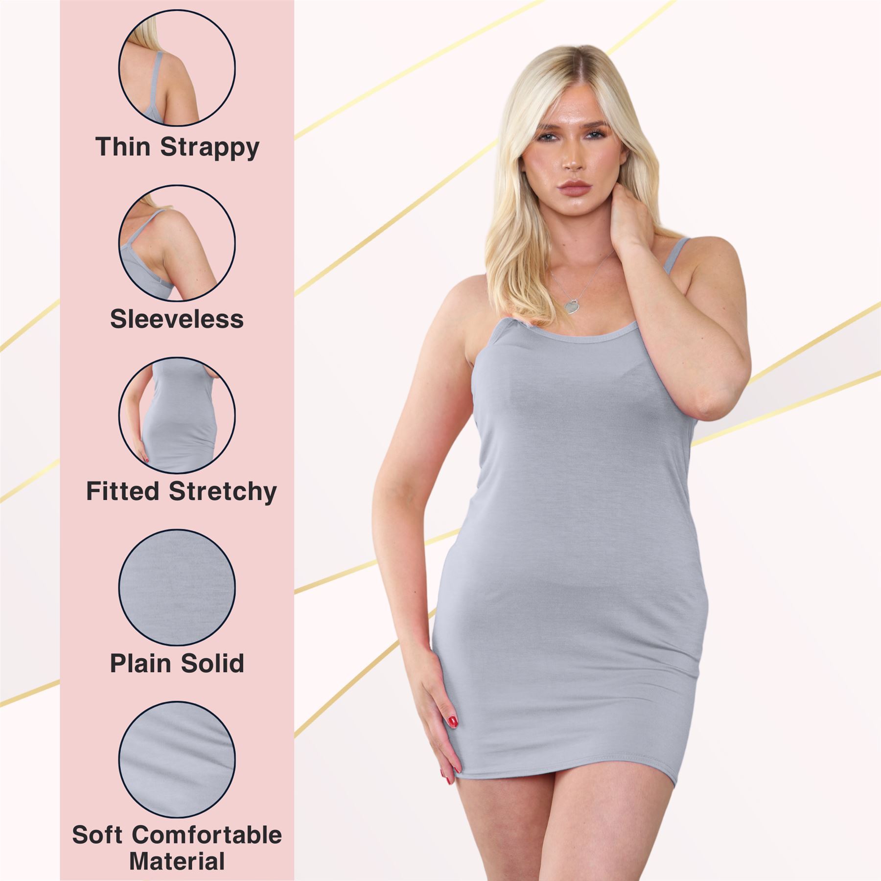 Womens Cami Bodycon Mini Dress Plain Strappy Vest Summer Tank Top Mini Dress - Picture 97 of 127