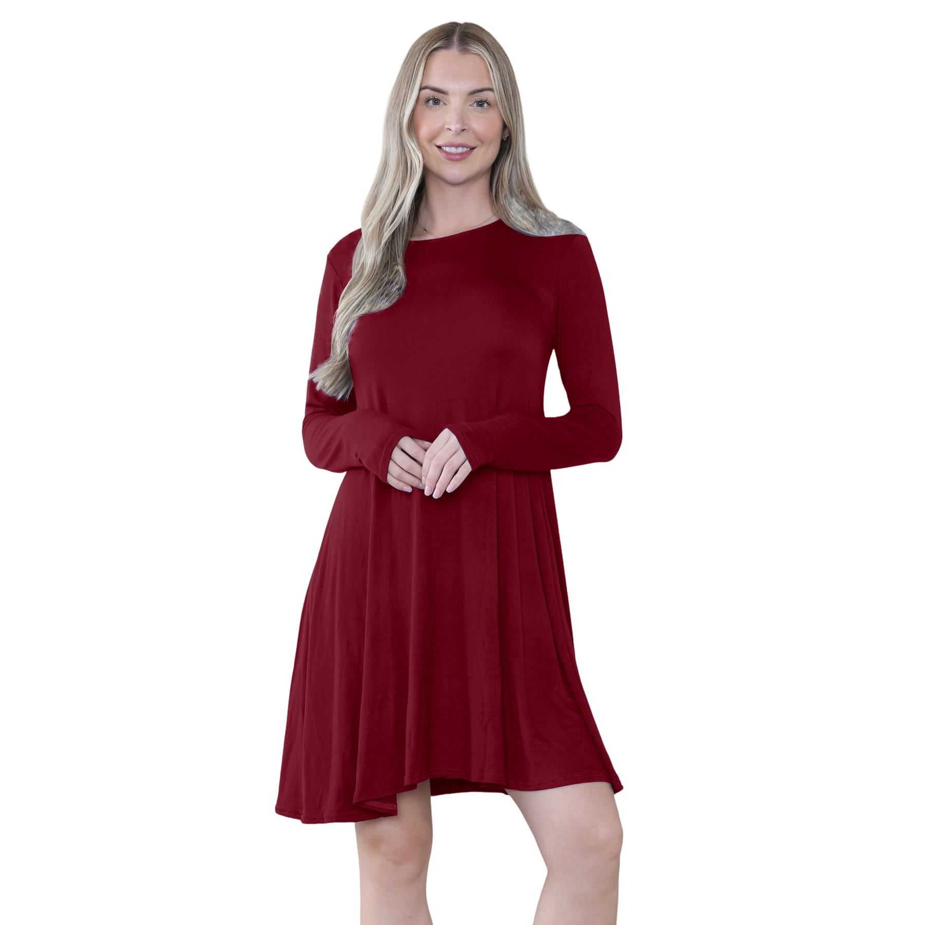 Damen Swing Kleid Uni Langarm Freizeit Ausgestellt A Linie Mini Oberteil Übergröße - Bild 95 von 100