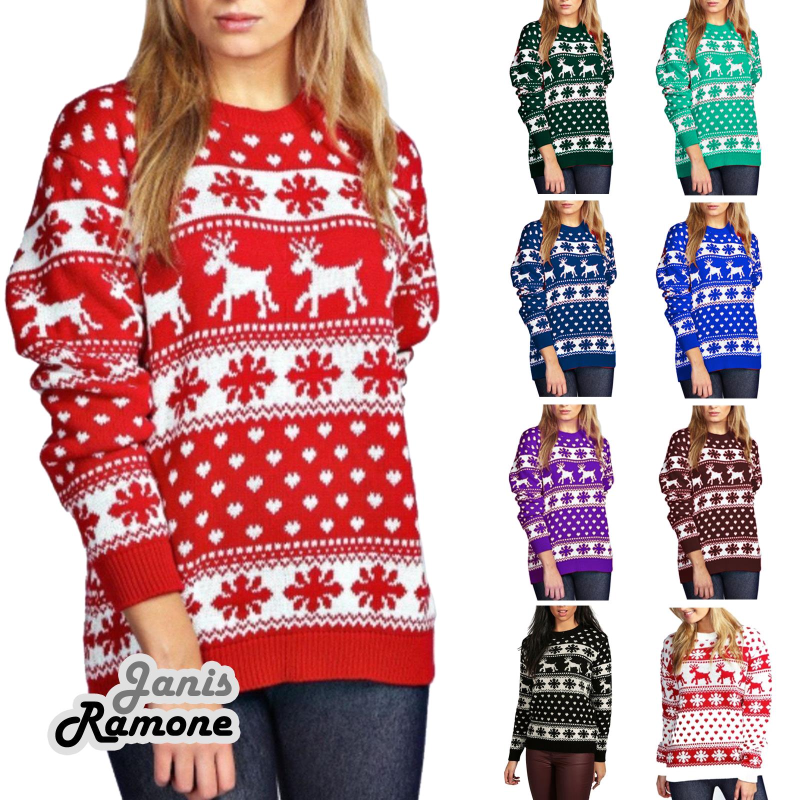 Da Donna Christmas Jumper Donna Fiocco di Neve e Renna Natale Lavorato a Maglia Maglione Top