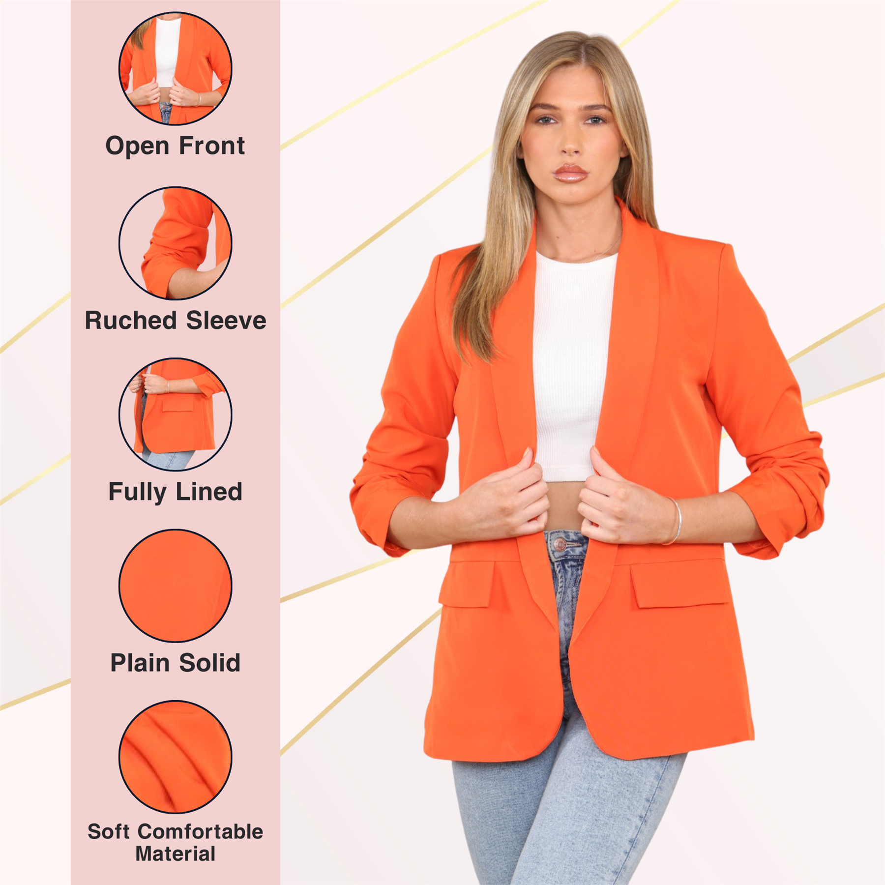 Blazer de manga acanalada para damas totalmente forrado cuello liso informal chaqueta de oficina top - Imagen 58 de 97