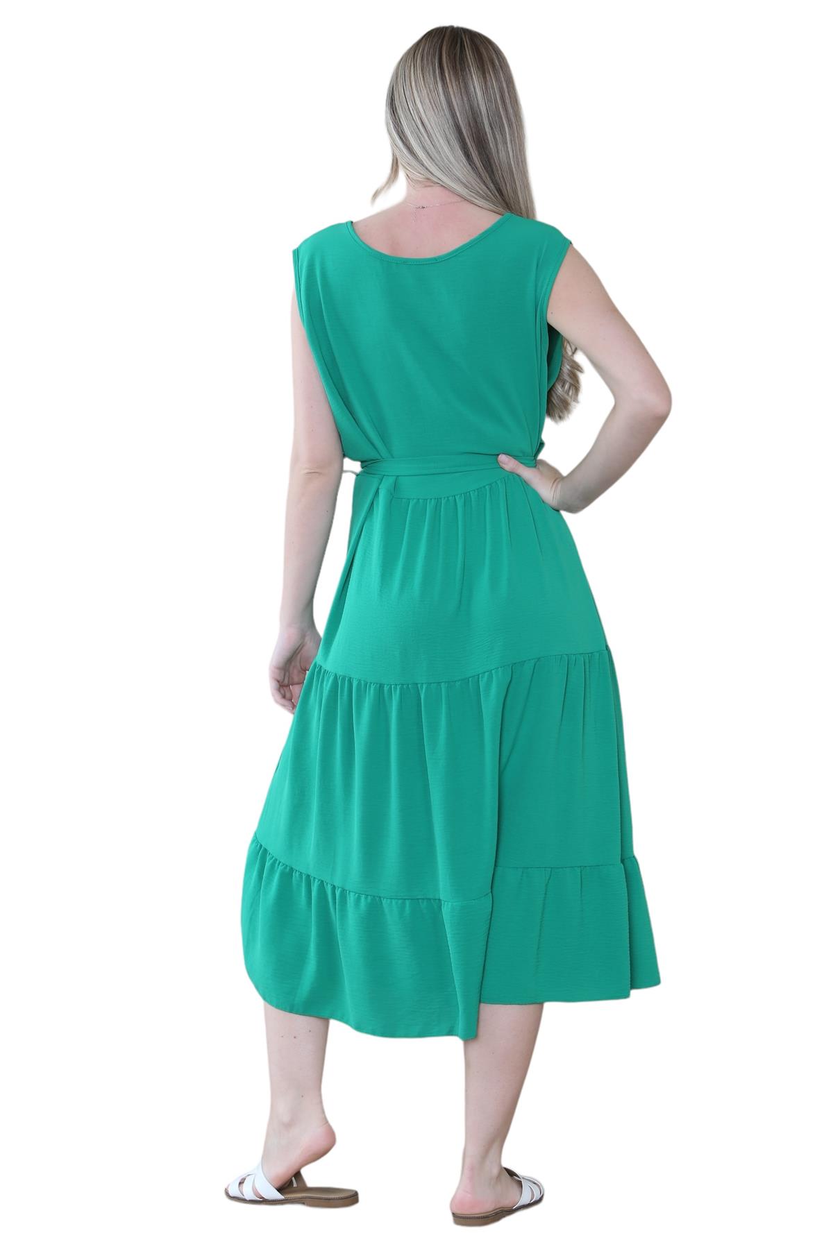 Womens Italian Smock Dress Sleeveless Belted Midi Dress Plain Frill Summer Dress - Picture 43 of 64