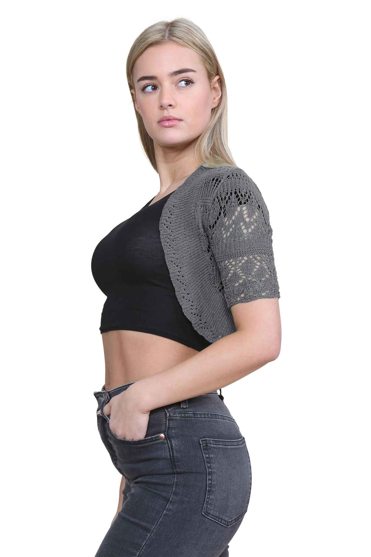 Womens Crochet Knitted Bolero Shrug Short Sleeve Open Front Cardigan Crop Top - Picture 33 of 186