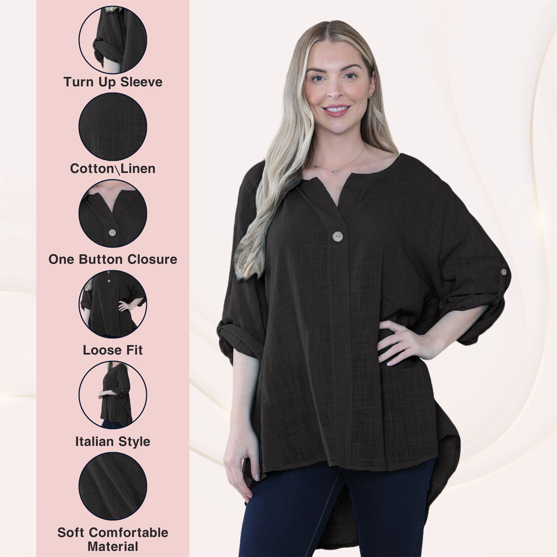 Camiseta informal lisa de lino y algodón con un botón de manga giratoria italiana para dama - Imagen 5 de 63