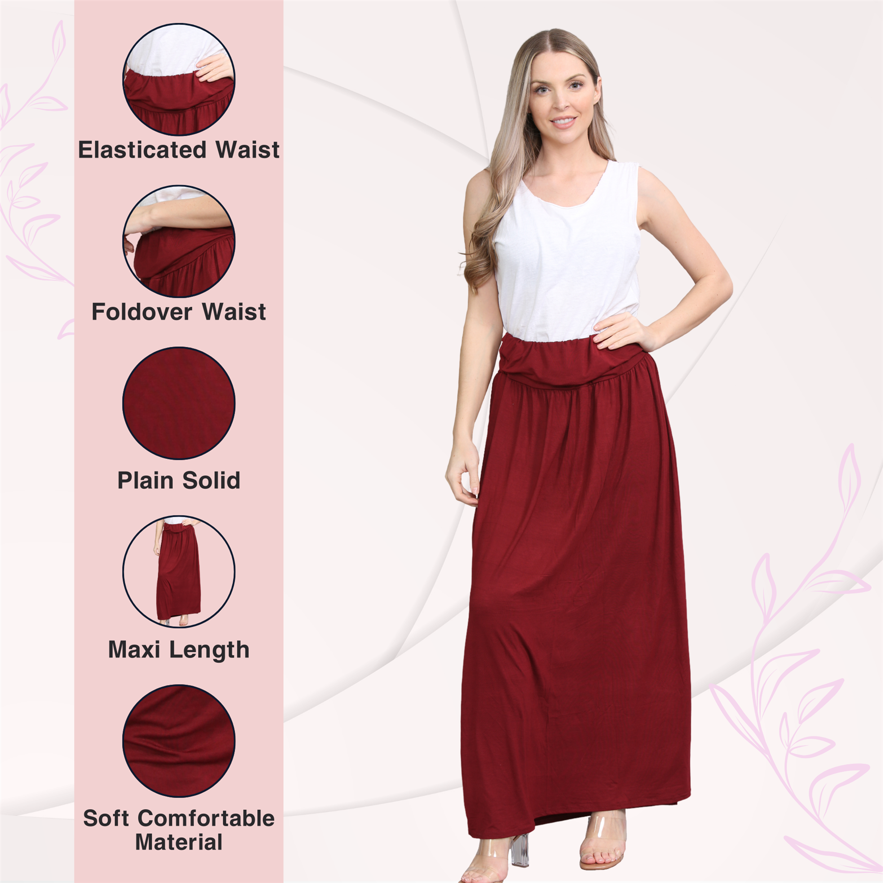 Womens Fold Over Maxi Skirt Plain Pleated Waist Jersey Summer Gypsy Long Skirt - Picture 63 of 68