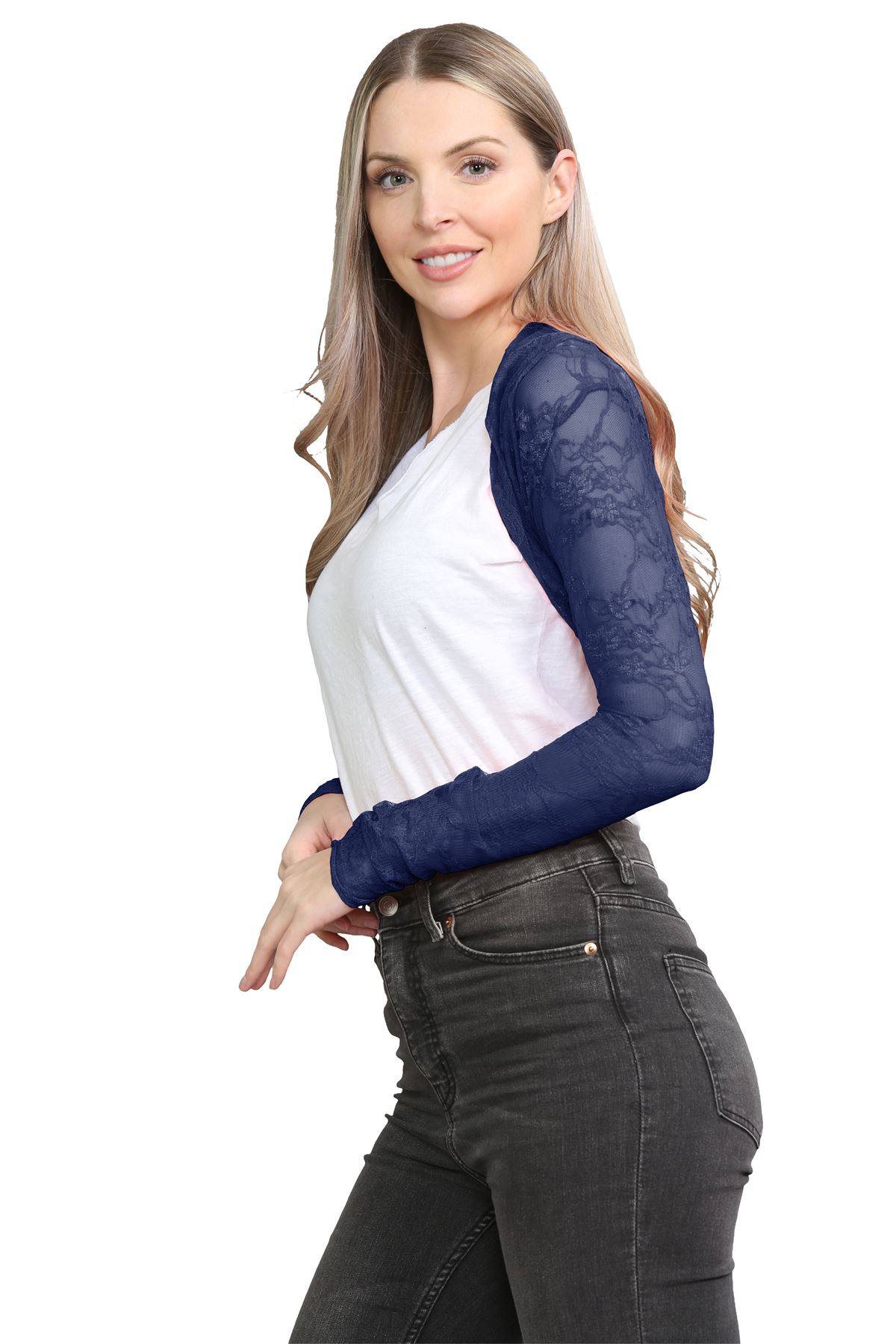 Damen Blumen Spitze Bolero Achselzucken vorne offen lange Ärmel Cropped Cardigan Top - Bild 33 von 79