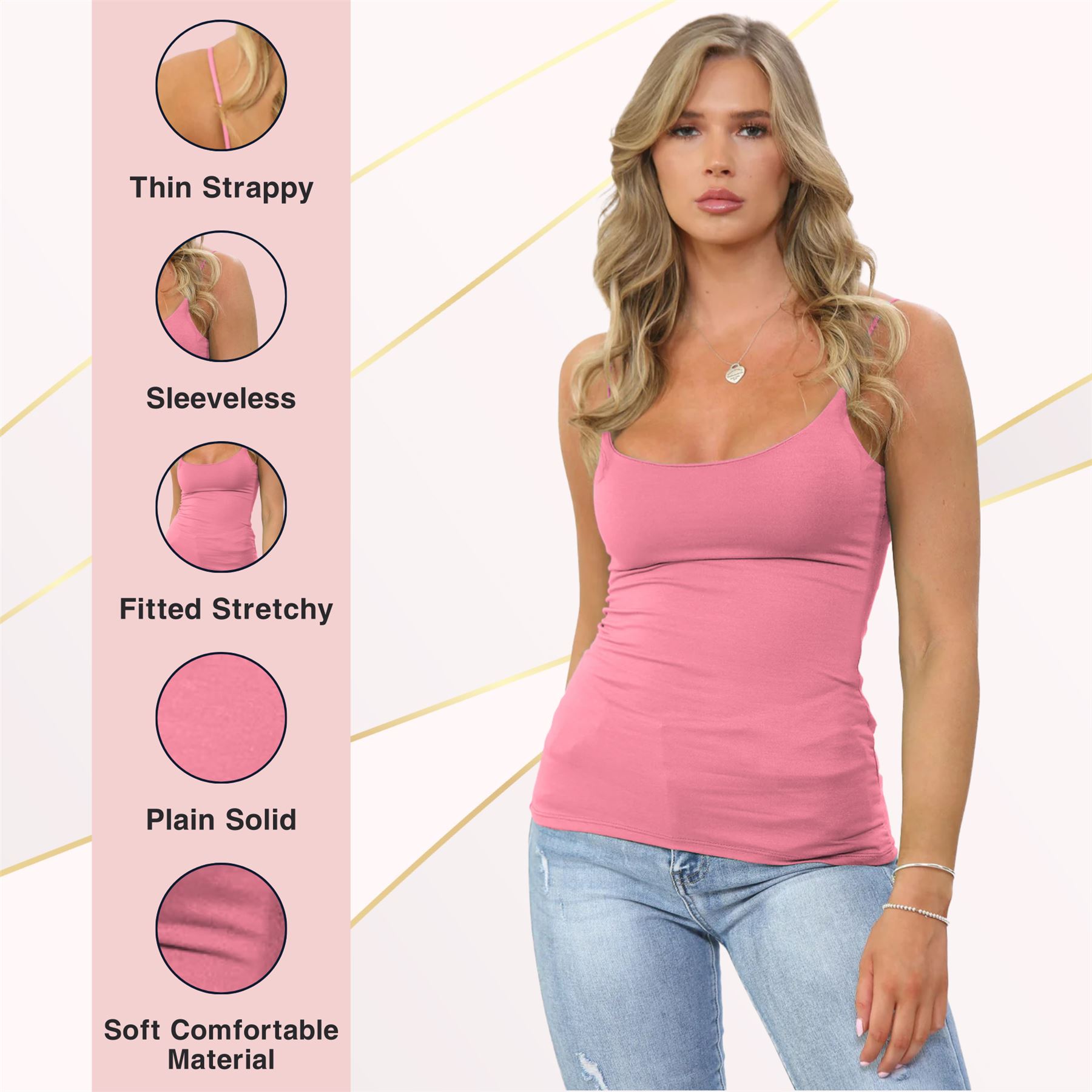 Womens Bodycon Cami Strappy Tank Top Plain Summer Activewear Vest Top, Pack of 3 - Picture 52 of 221