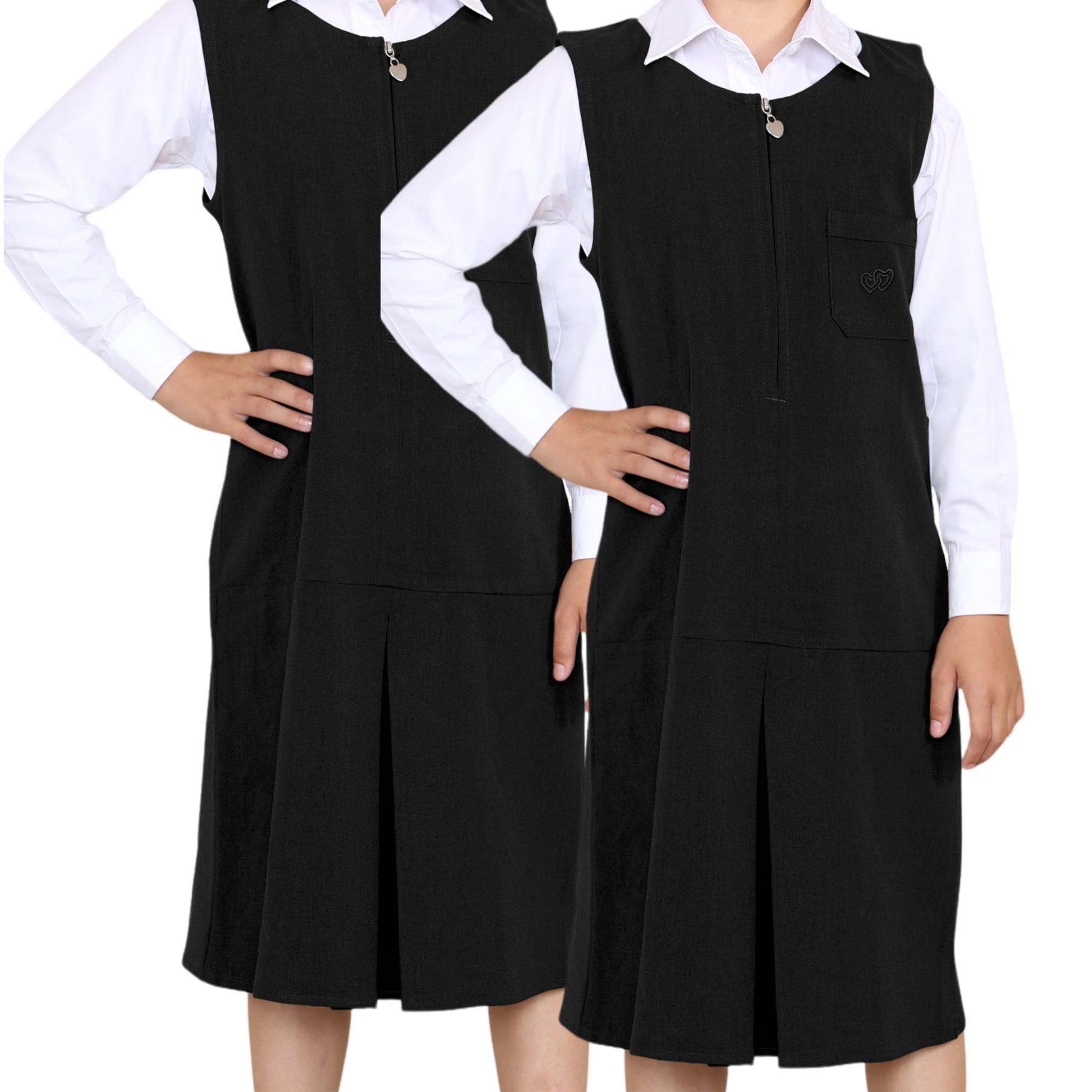 Niñas Vestido Delantal Corazón Bolsillo Plisado Cremallera Uniforme Escolar Vestido Paquete de 2 - Imagen 2 de 25