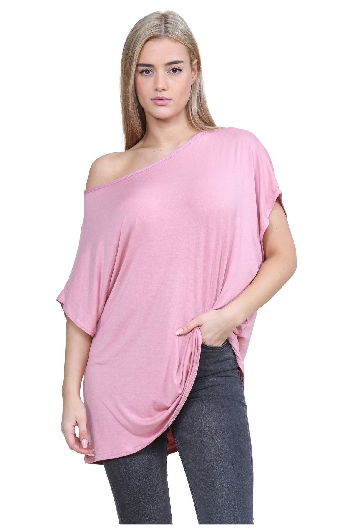Schulterfreies Damen-T-Shirt Oberteil Fledermausärmel Oversize uni Freizeit Bardot Oberteil - Bild 136 von 225