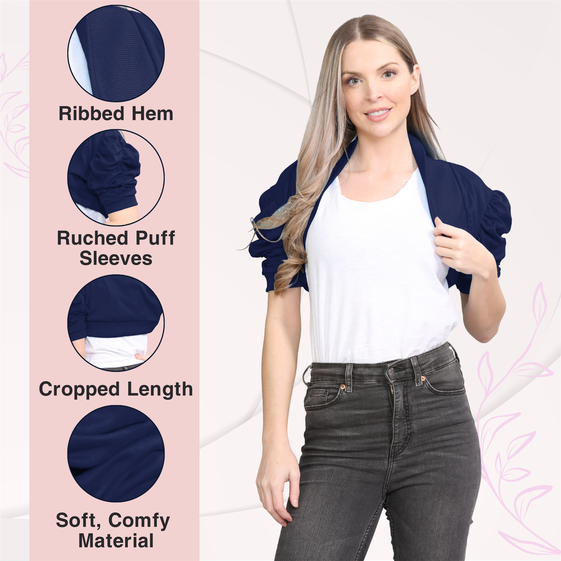 Womens Bolero Shrug Ruched Puff Sleeves Plain Open Cardigan Soft Cotton Crop Top - Picture 61 of 100