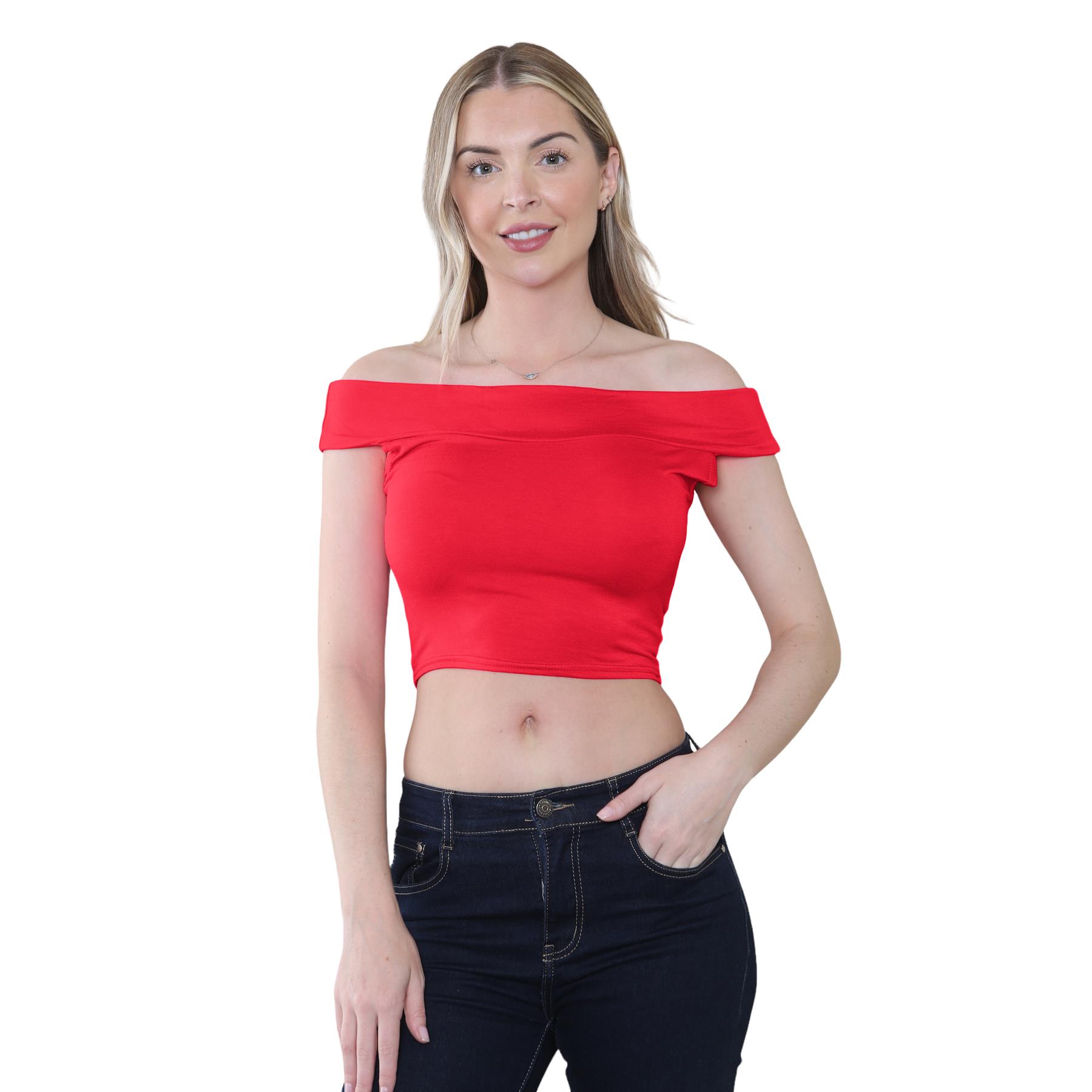 Schulterfreies bauchfreies Damen-T-Shirt Bardot ärmellos schlicht Sommer Freizeit Party - Bild 45 von 71