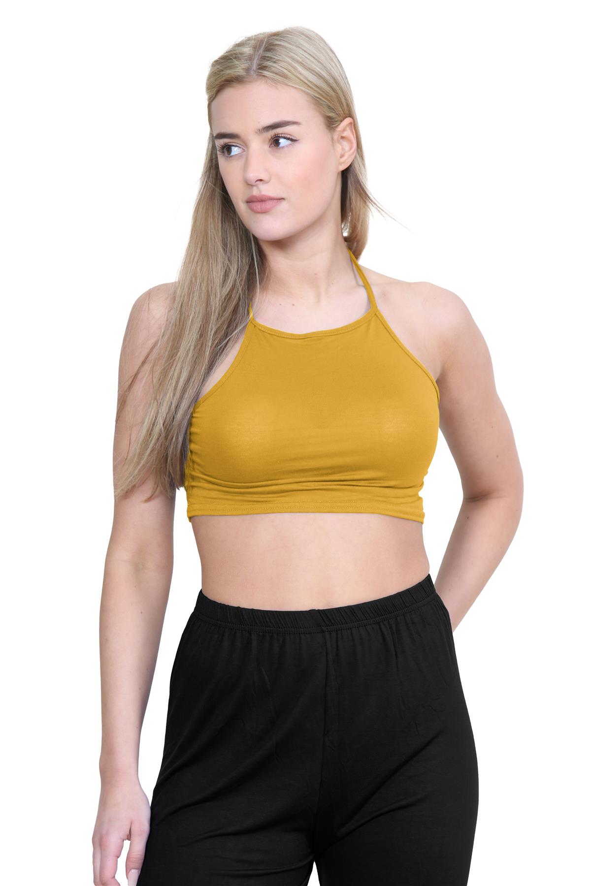 Halter Neck Crop Top Womens Vest Top Plain Tie Knot Top Basic Sleeveless T-Shirt - Picture 34 of 170