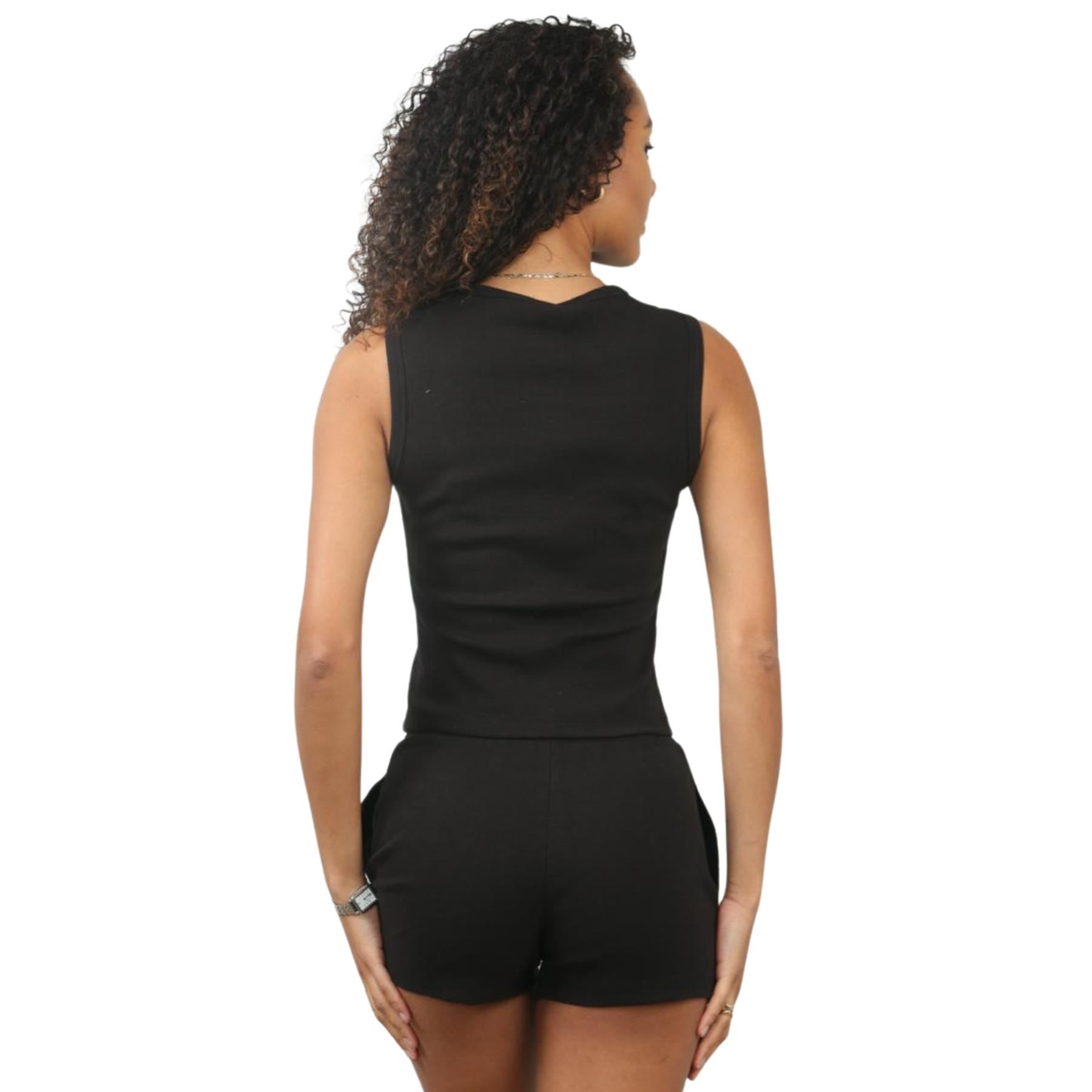 Damen Gerippt Ärmellos Knopfleiste Crop Top und Kordelzug Shorts Loungewear Set - Bild 11 von 49