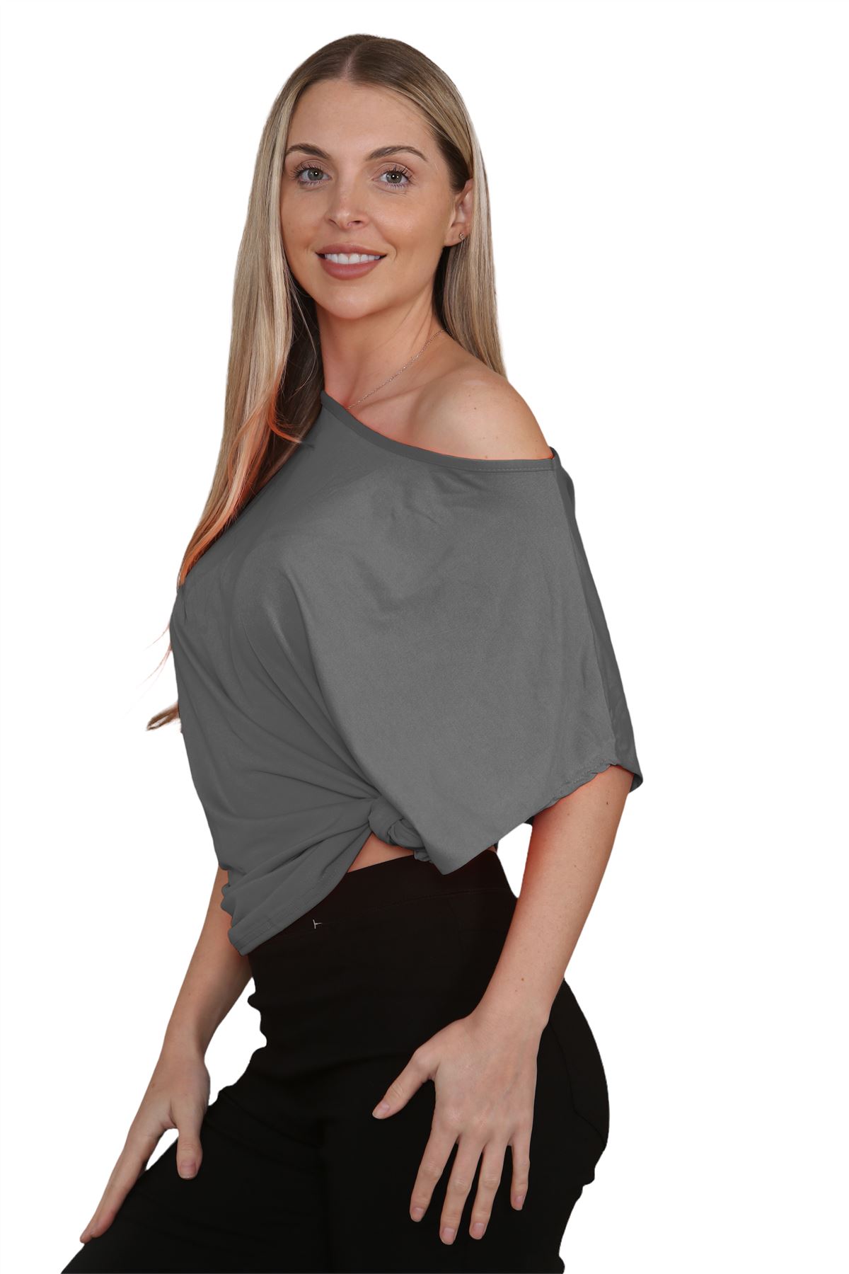 Womens Oversized T Shirt Top Short Sleeve Tie Knot Bardot Off Shoulder Crop Top - Picture 13 of 65