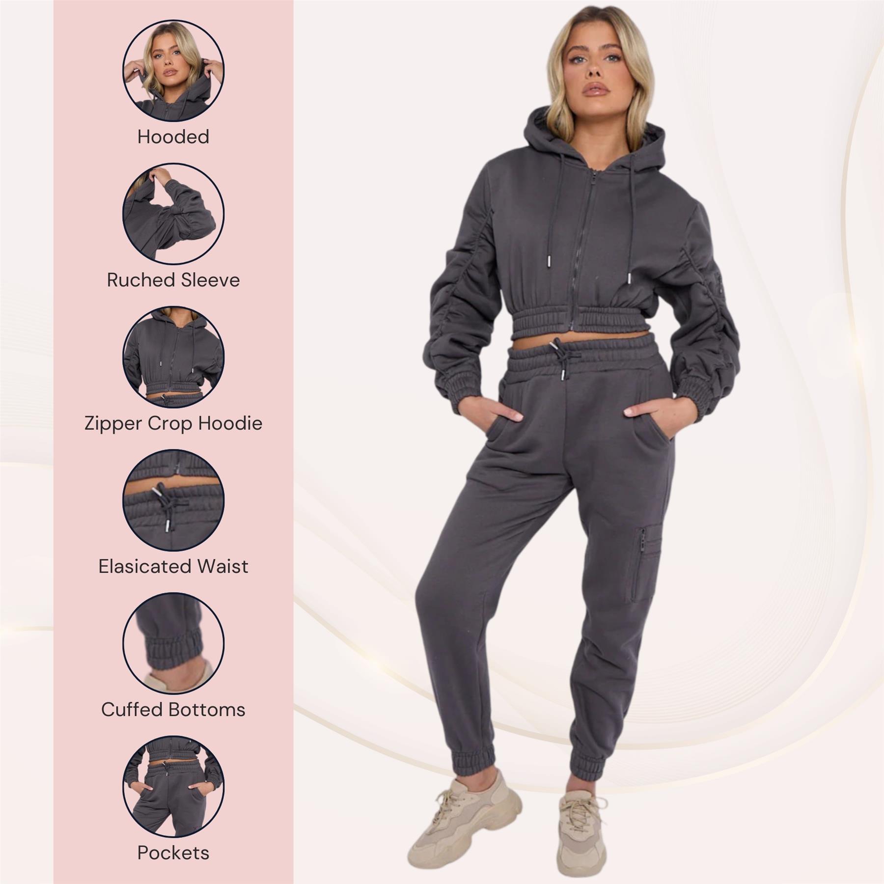Damas Traje de chándal 2 piezas Juego de salón Mangas fruncidas Sudadera con capucha recortadas Ropa de salón - Imagen 25 de 44