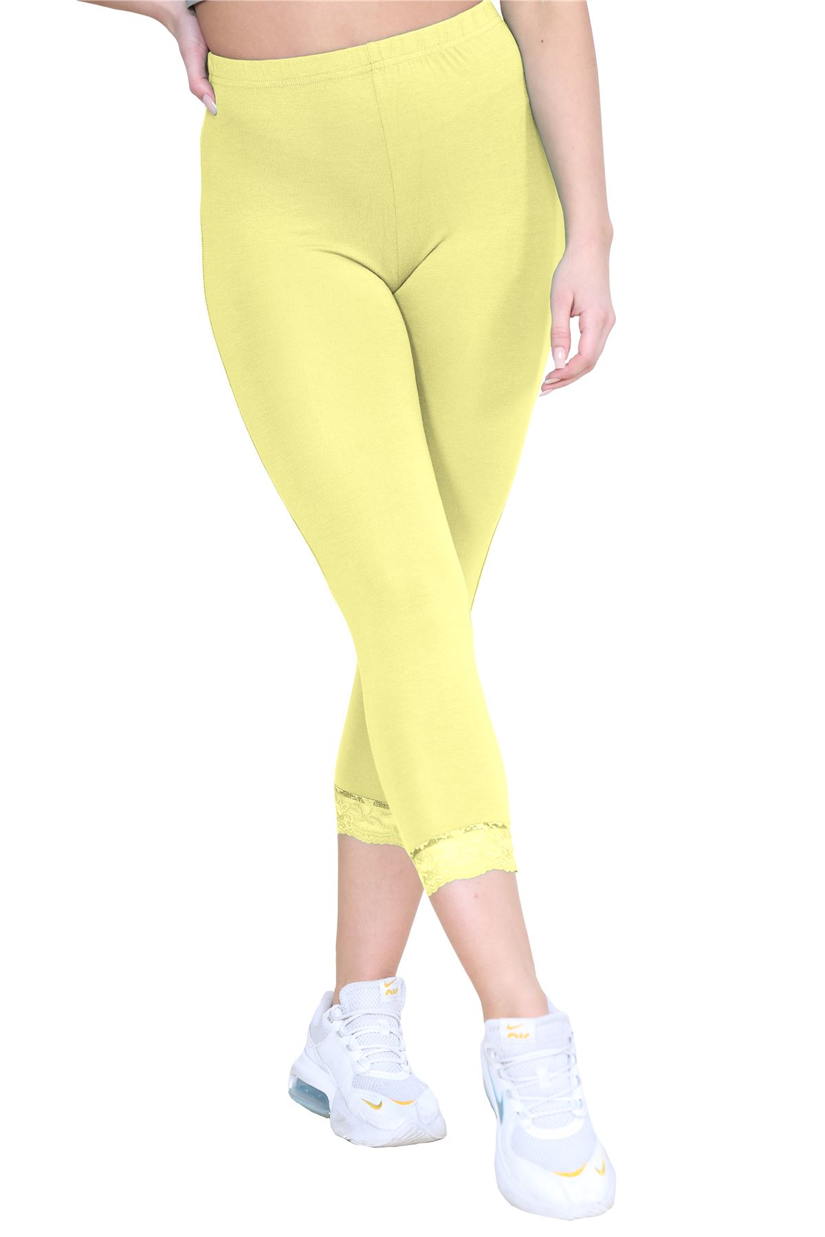 New Ladies Plain Lace Trim Cropped Yoga Stretchy 3/4 Length Capri Leggings Pants - Picture 123 of 132