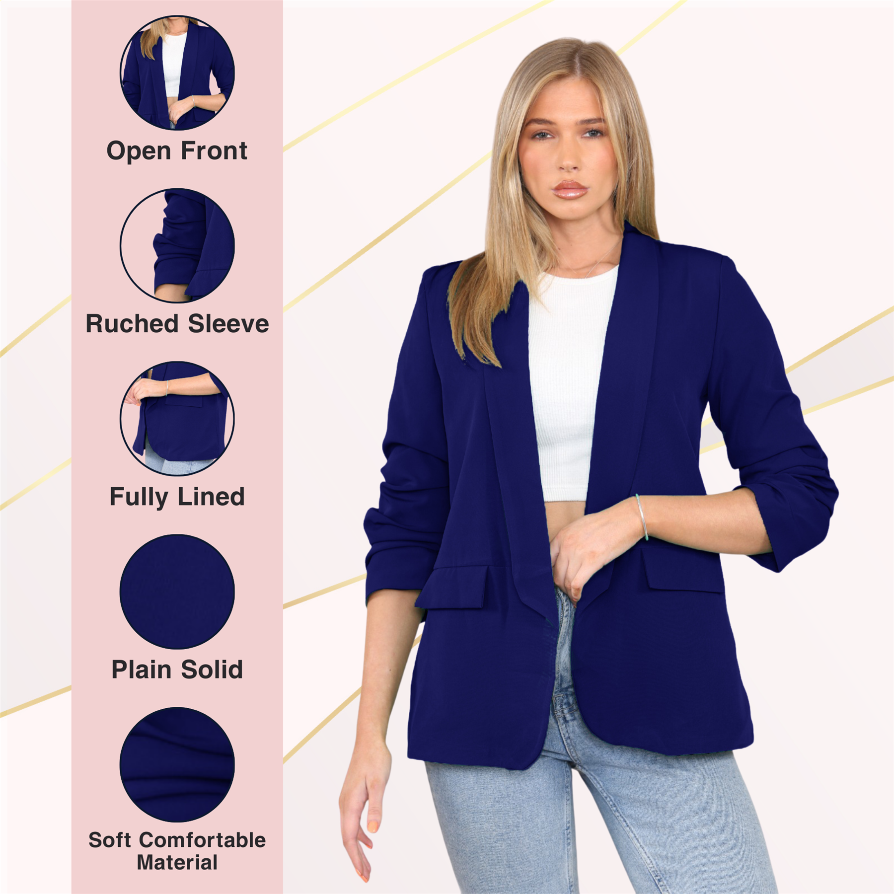 Blazer de manga acanalada para damas totalmente forrado cuello liso informal chaqueta de oficina top - Imagen 50 de 97