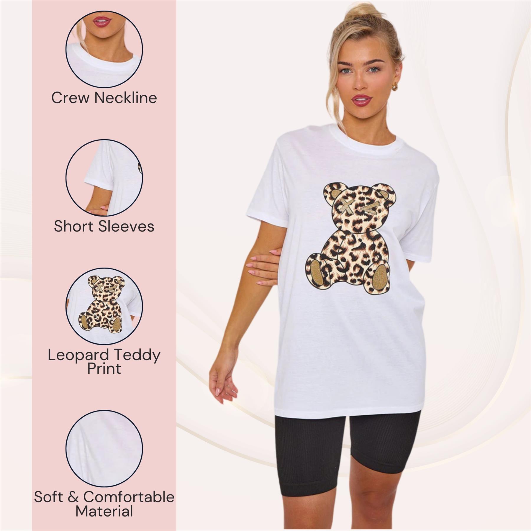 Camiseta de manga corta para damas con gráfico de peluche de leopardo informal holgada de gran tamaño - Imagen 10 de 11