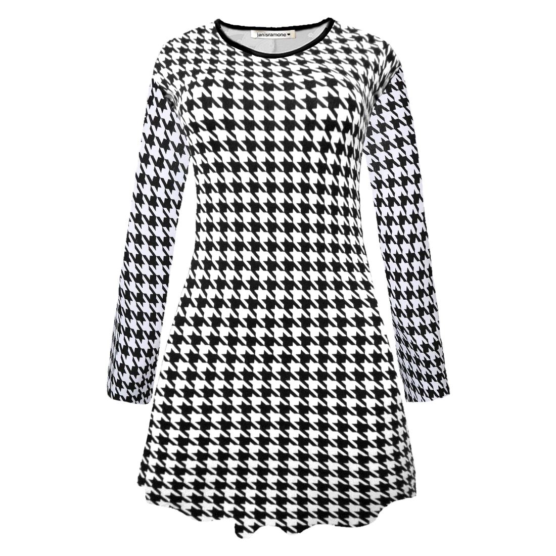 Womens Printed Swing Dress Leopard Skater Long Sleeve A Line Flare Mini Top 8-26