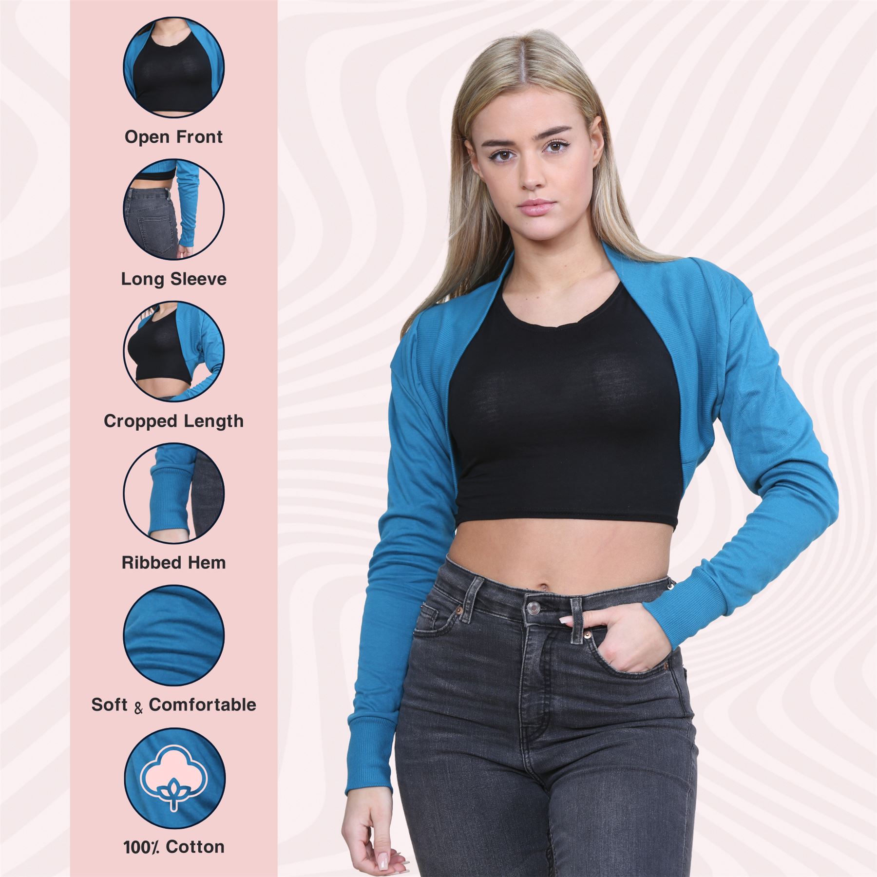 Ladies Long Sleeve Cotton Shrug Plain Open Bolero Cardigan Soft Summer Crop Top - Picture 70 of 84