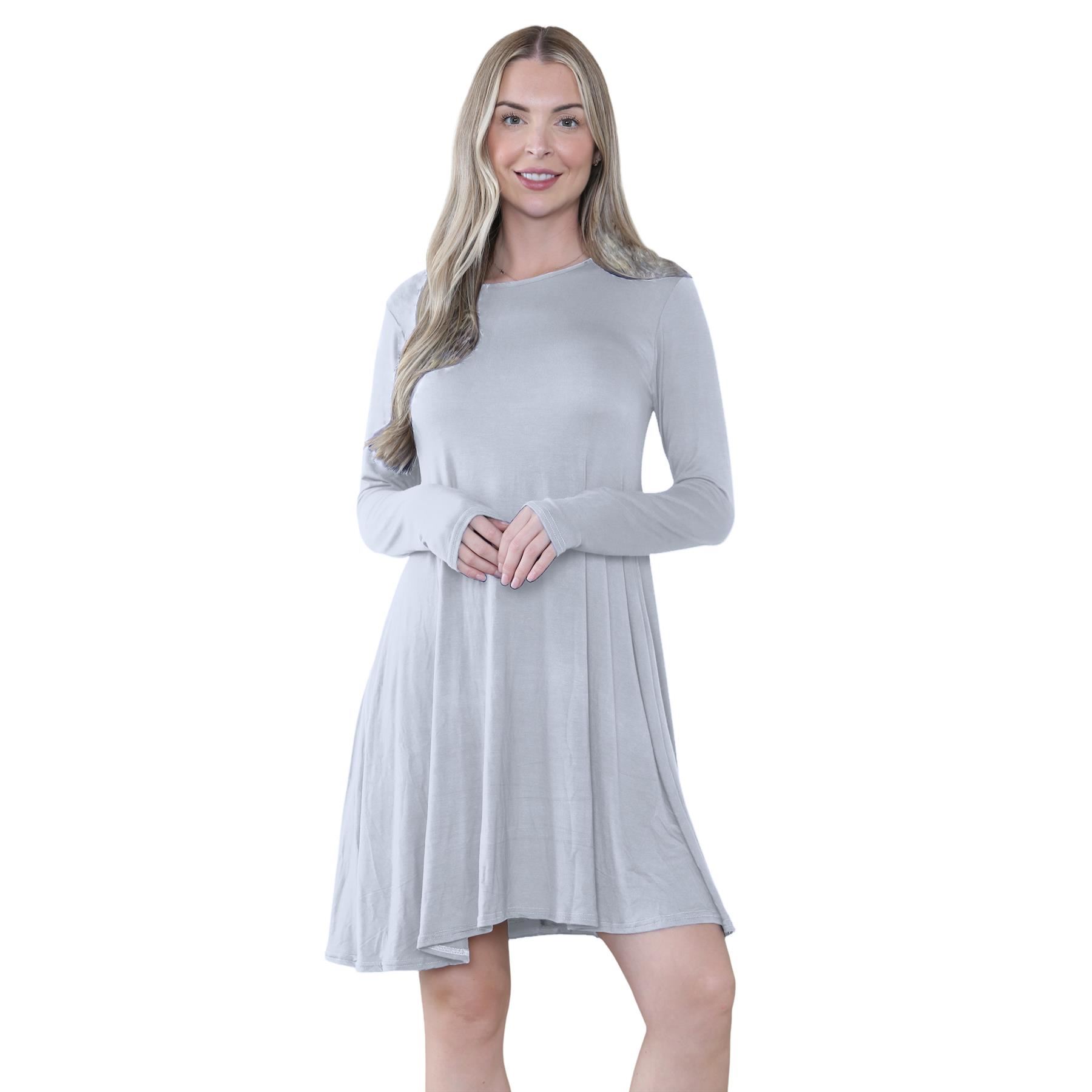 Damen Swing Kleid Uni Langarm Freizeit Ausgestellt A Linie Mini Oberteil Übergröße - Bild 35 von 100