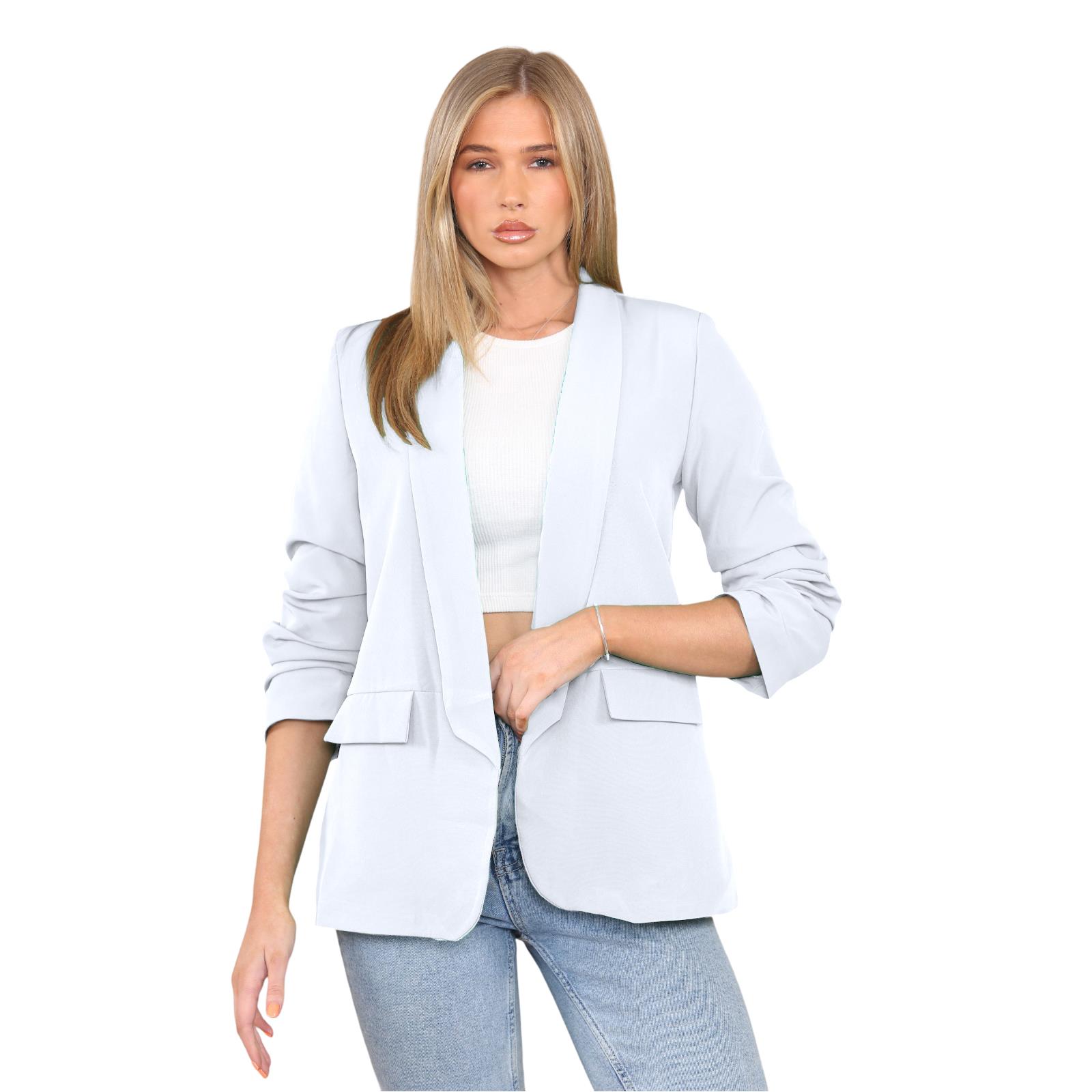 Blazer de manga acanalada para damas totalmente forrado cuello liso informal chaqueta de oficina top - Imagen 83 de 97