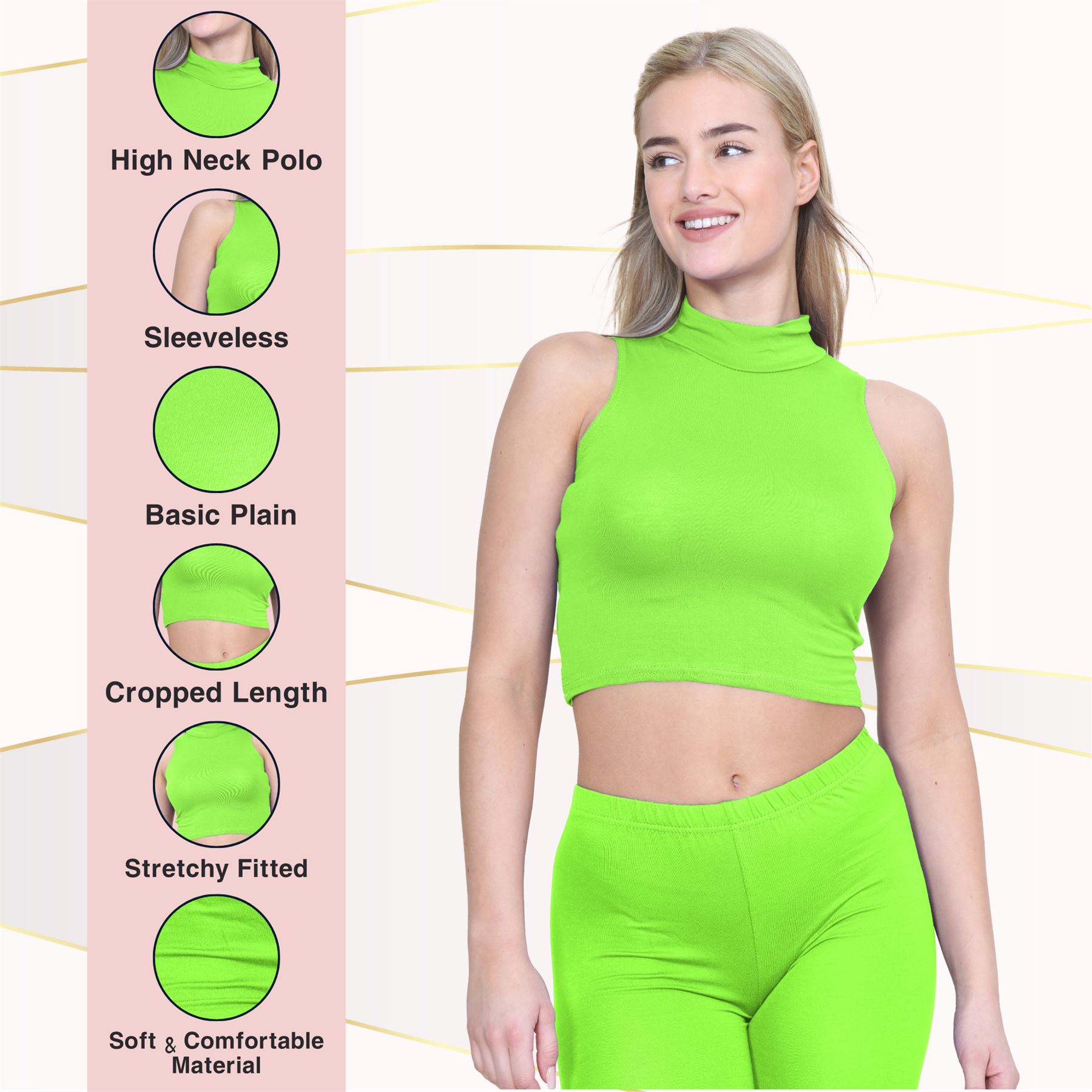 Womens Sleeveless Crop Top Ladies High Turtle Neck Plain Stretchy T-Shirt Vest - Picture 84 of 165
