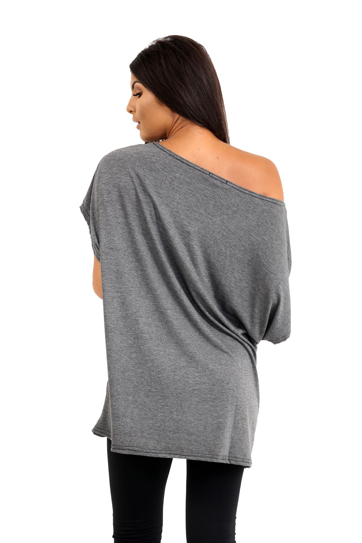Schulterfreies Damen-T-Shirt Oberteil Fledermausärmel Oversize uni Freizeit Bardot Oberteil - Bild 48 von 225