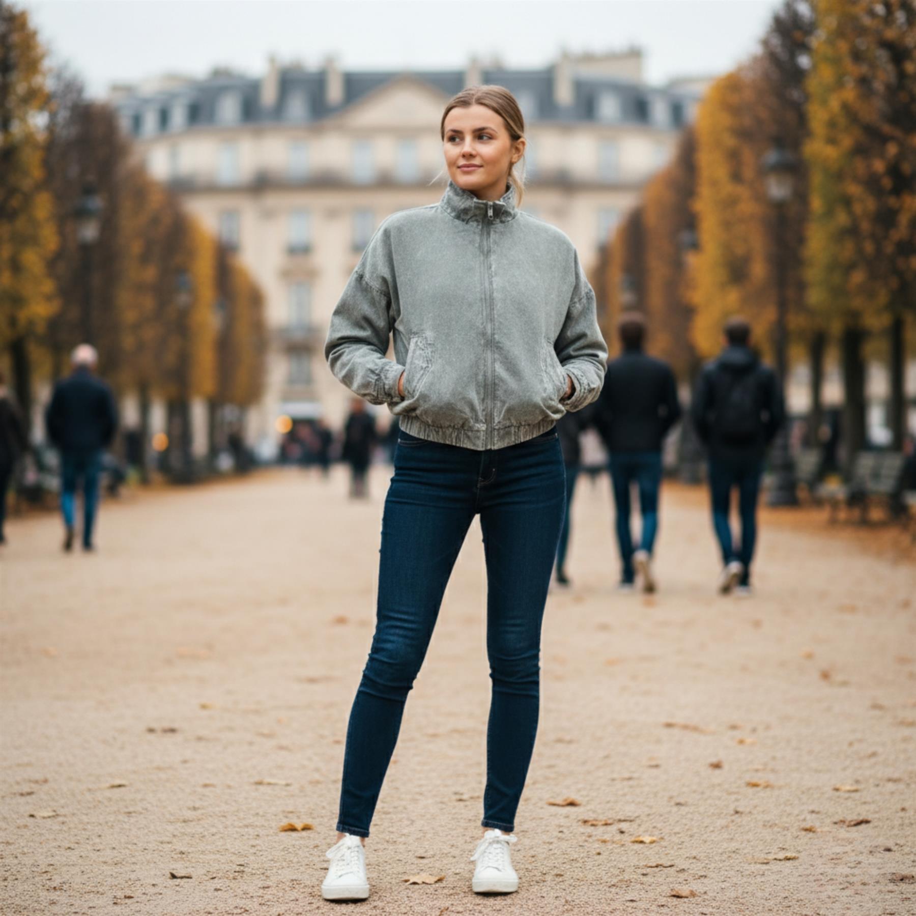 Damen-Bomberjacke Acid Washed lässig Reißverschlusskragen Oberbekleidung kurzer Wintermantel - Bild 13 von 18