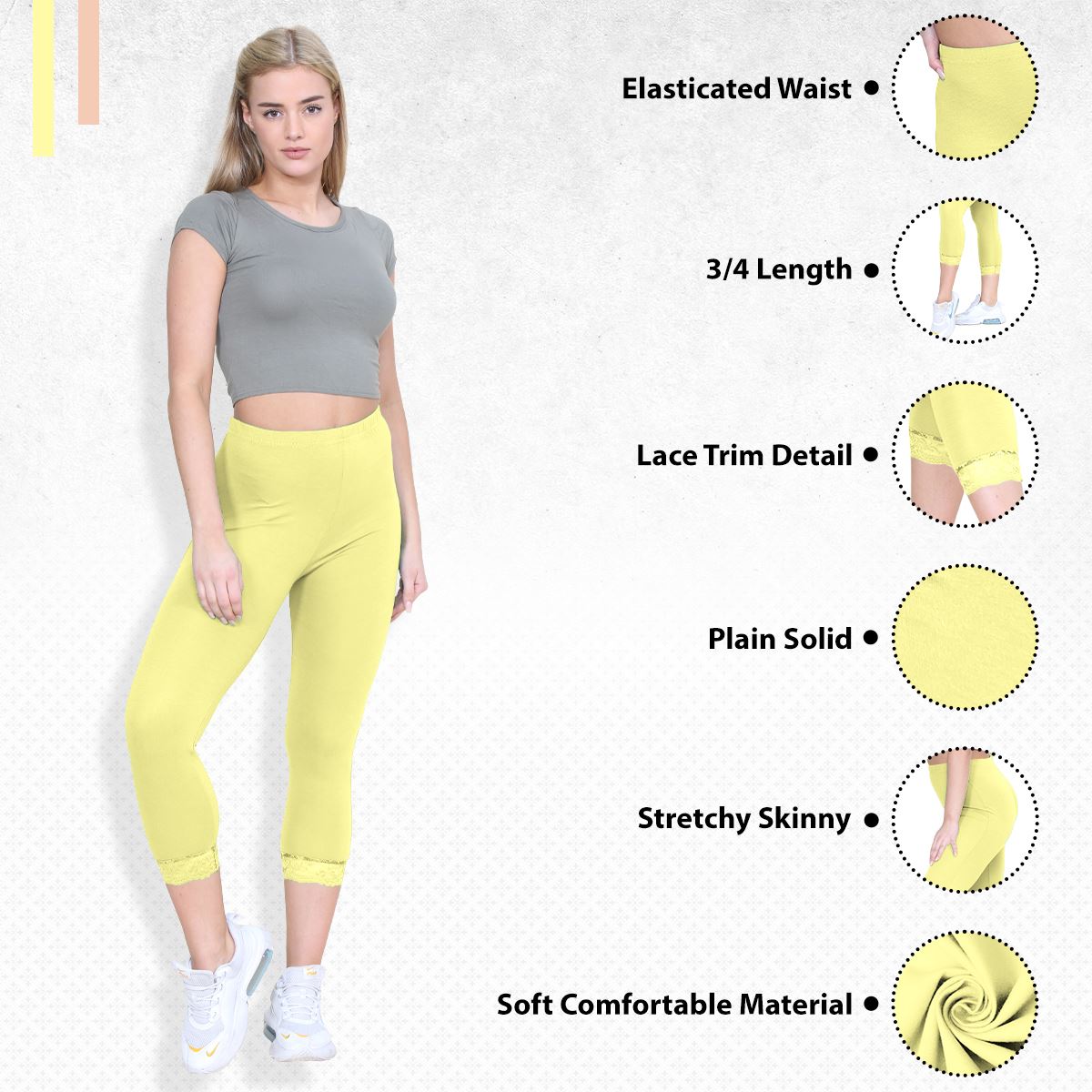 New Ladies Plain Lace Trim Cropped Yoga Stretchy 3/4 Length Capri Leggings Pants - Picture 126 of 132
