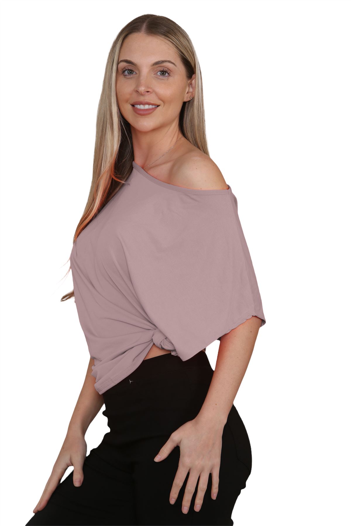 Womens Oversized T Shirt Top Short Sleeve Tie Knot Bardot Off Shoulder Crop Top - Picture 29 of 65