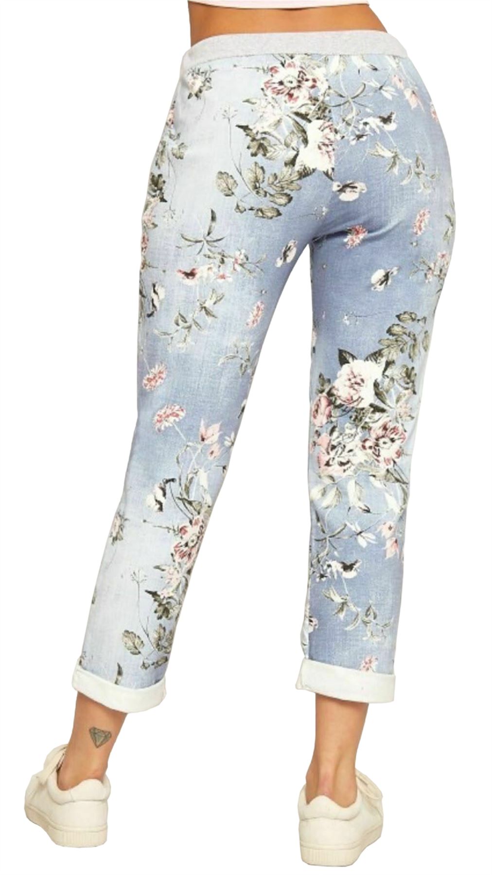 Women/'s Italian Floral Rose Printed Turn Up Trousers Ladies Summer Beach Trouser