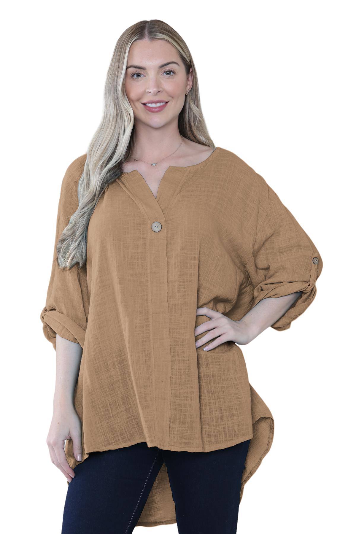 Camiseta informal lisa de lino y algodón con un botón de manga giratoria italiana para dama - Imagen 8 de 63