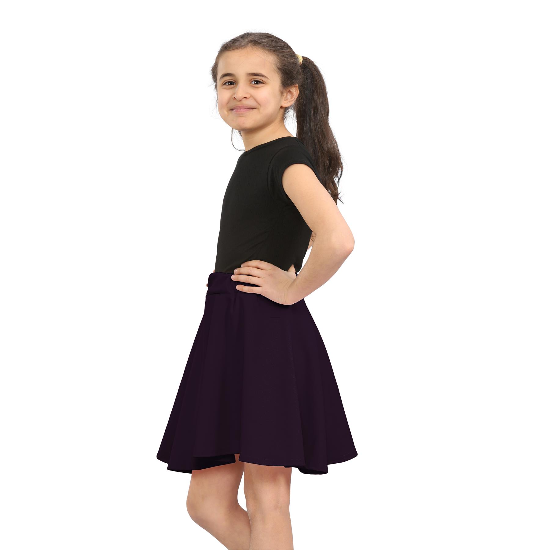 Girls Kids Plain Flared Skirt High Waistband Flippy Stretchy Short Skater Skirt - Picture 60 of 92