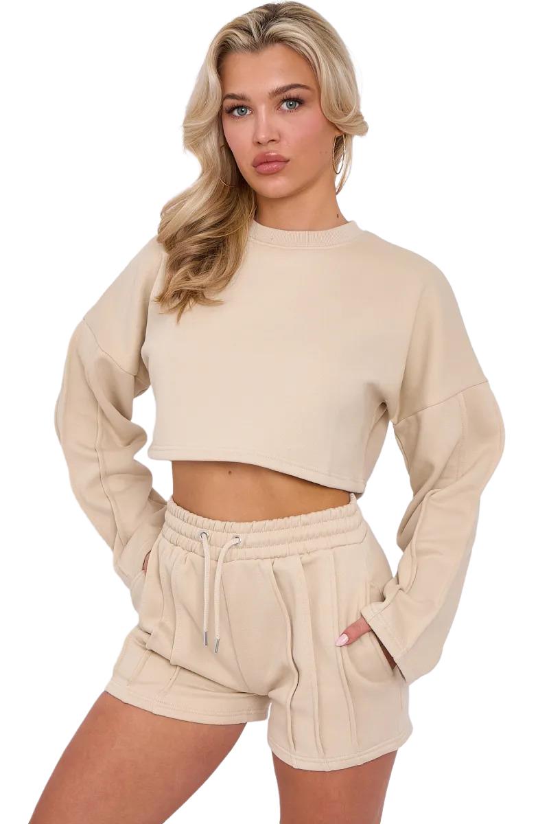 Womens Pleated Lined Crop Top Shorts Set 2 Pcs Co-ord Fleece Loungewear Suit - Picture 33 of 36