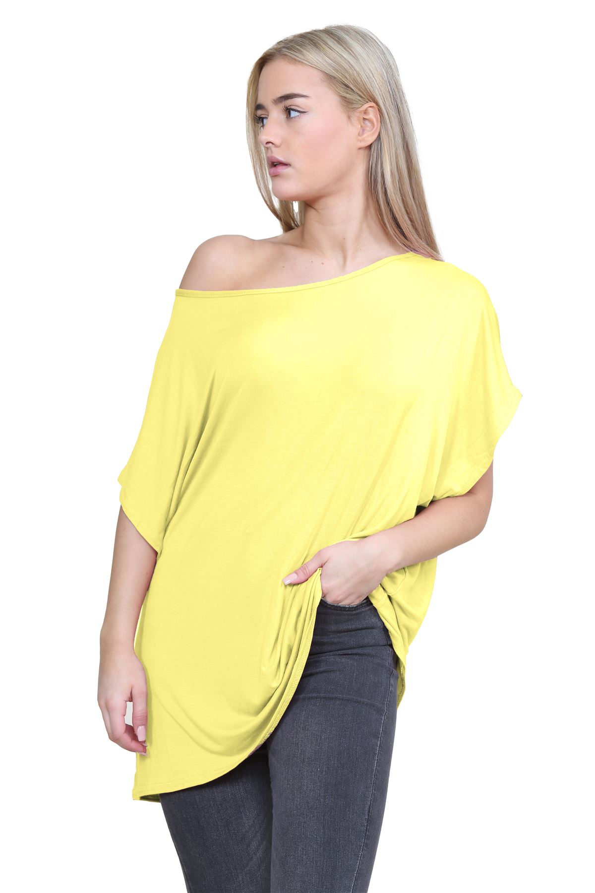 Schulterfreies Damen-T-Shirt Oberteil Fledermausärmel Oversize uni Freizeit Bardot Oberteil - Bild 221 von 225