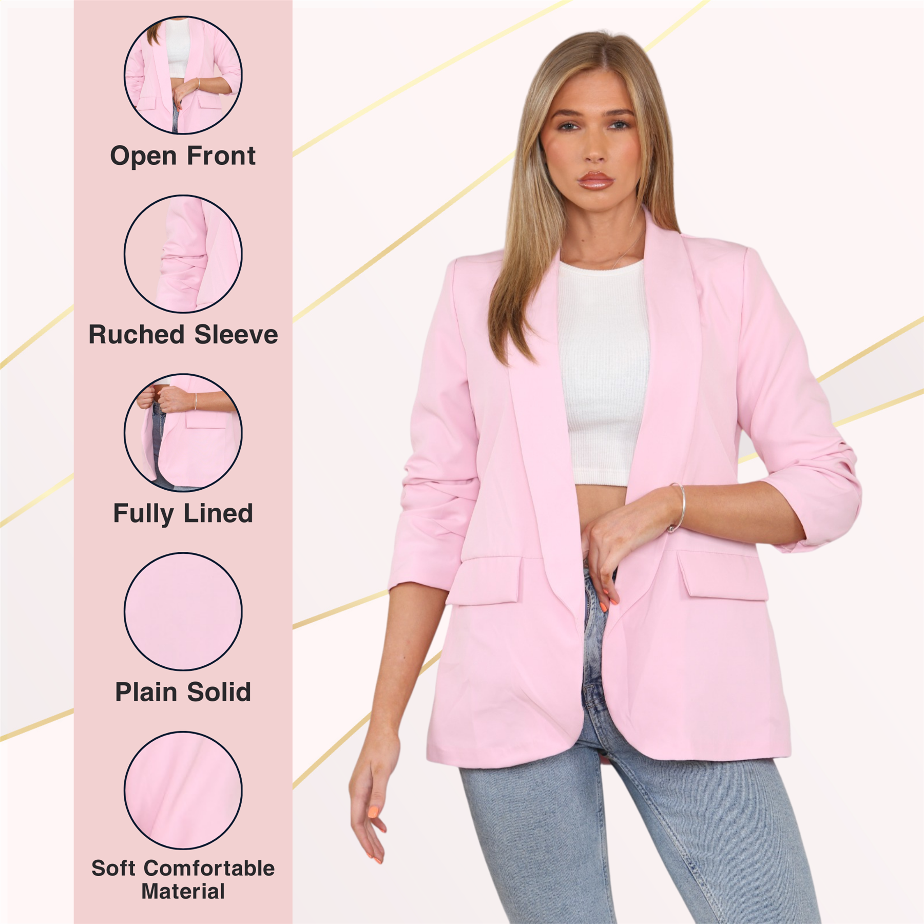 Blazer de manga acanalada para damas totalmente forrado cuello liso informal chaqueta de oficina top - Imagen 5 de 97