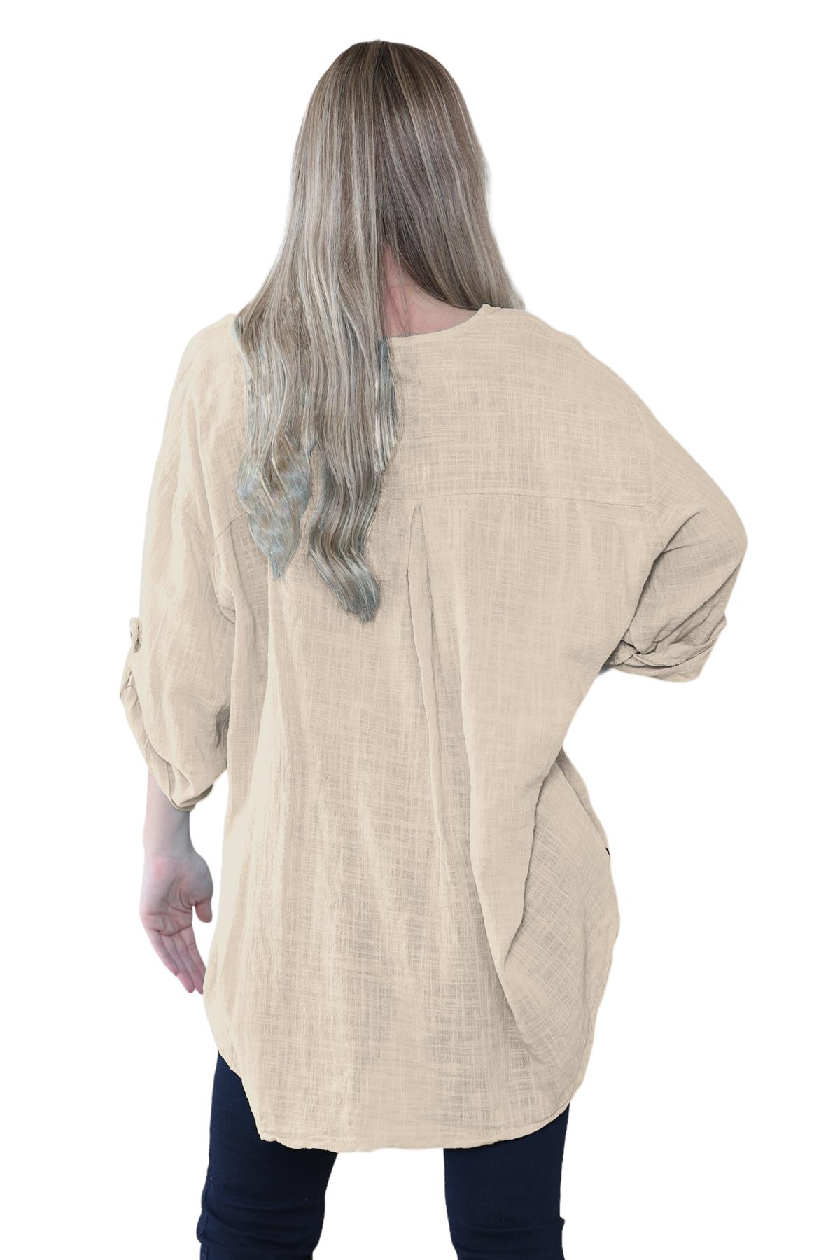 Camiseta informal lisa de lino y algodón con un botón de manga giratoria italiana para dama - Imagen 55 de 63